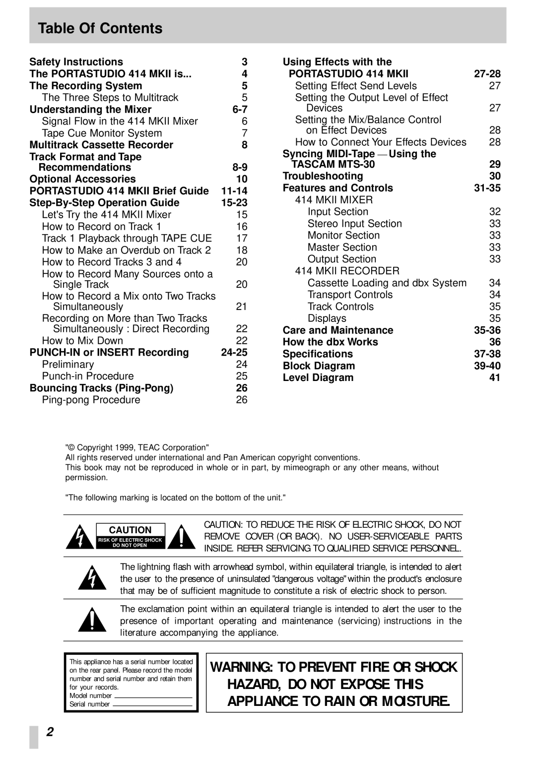 Tascam 414MKII owner manual Table Of Contents 