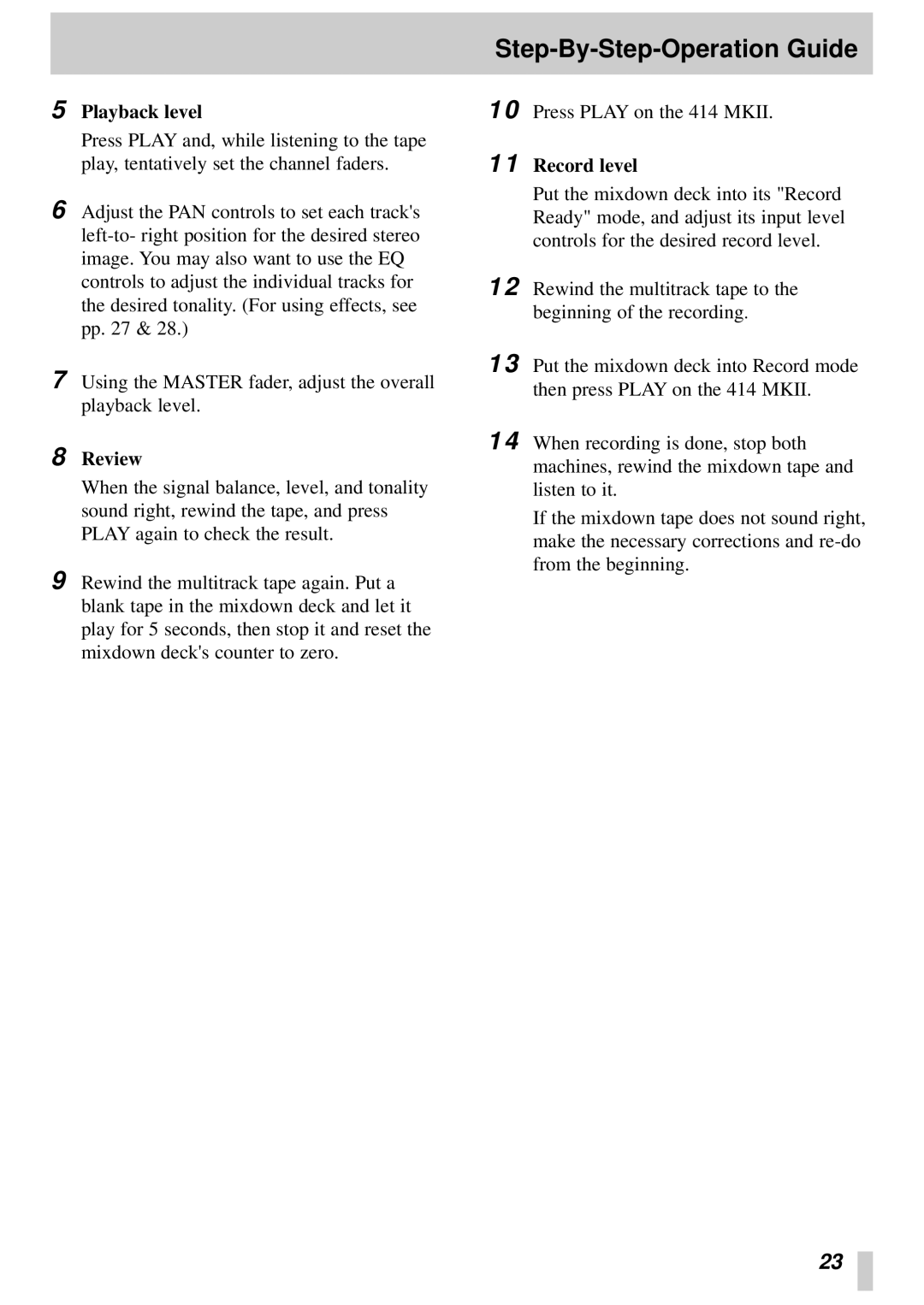 Tascam 414MKII owner manual Playback level, Review, Record level 