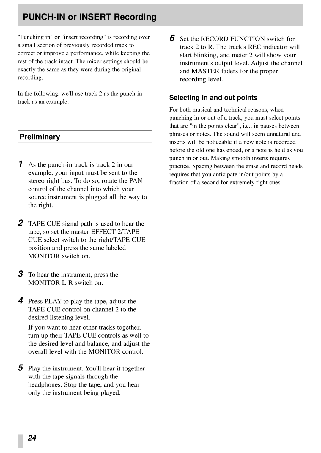 Tascam 414MKII owner manual PUNCH-IN or Insert Recording, Preliminary, Selecting in and out points 