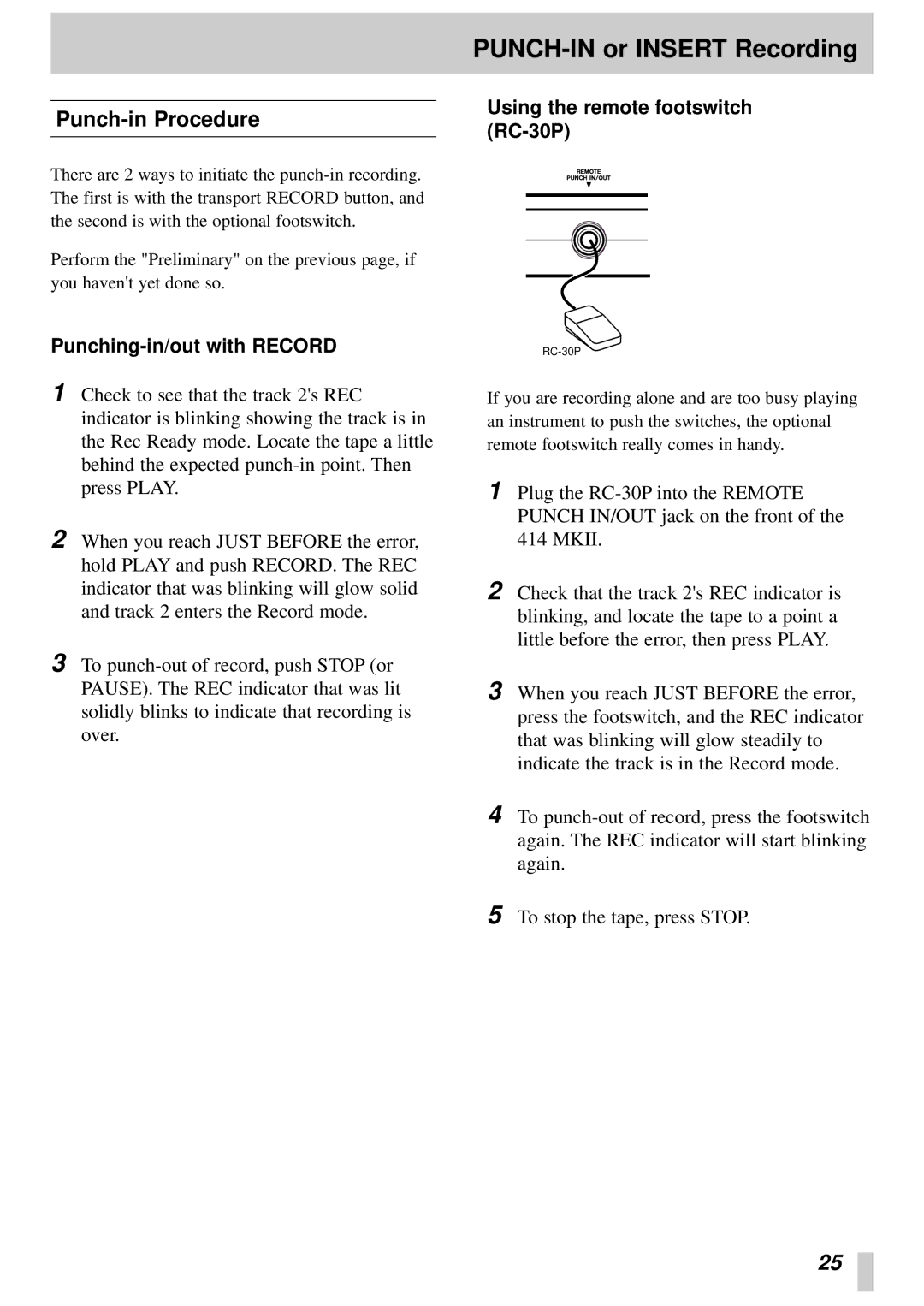 Tascam 414MKII owner manual Punch-in Procedure, Using the remote footswitch RC-30P, Punching-in/out with Record 