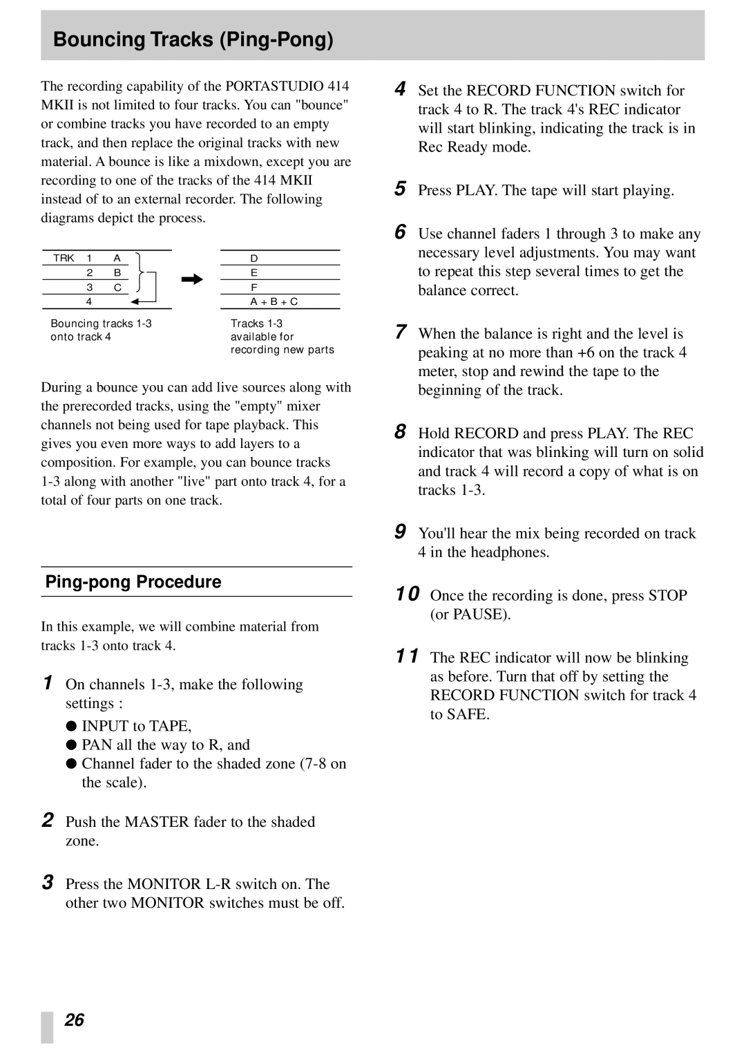 Tascam 414MKII owner manual Bouncing Tracks Ping-Pong, Ping-pong Procedure 