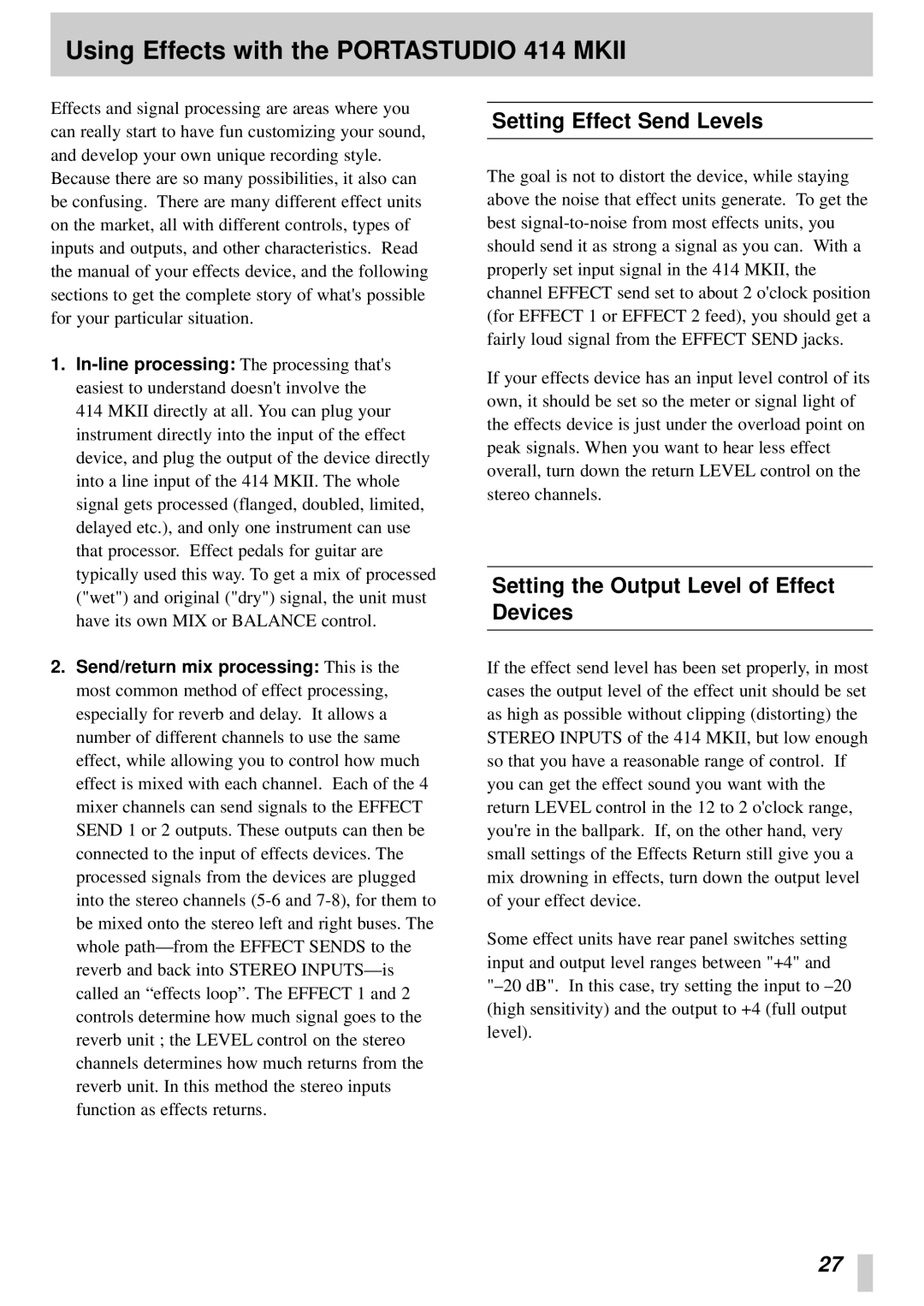 Tascam 414MKII owner manual Using Effects with the Portastudio 414 Mkii, Setting Effect Send Levels 