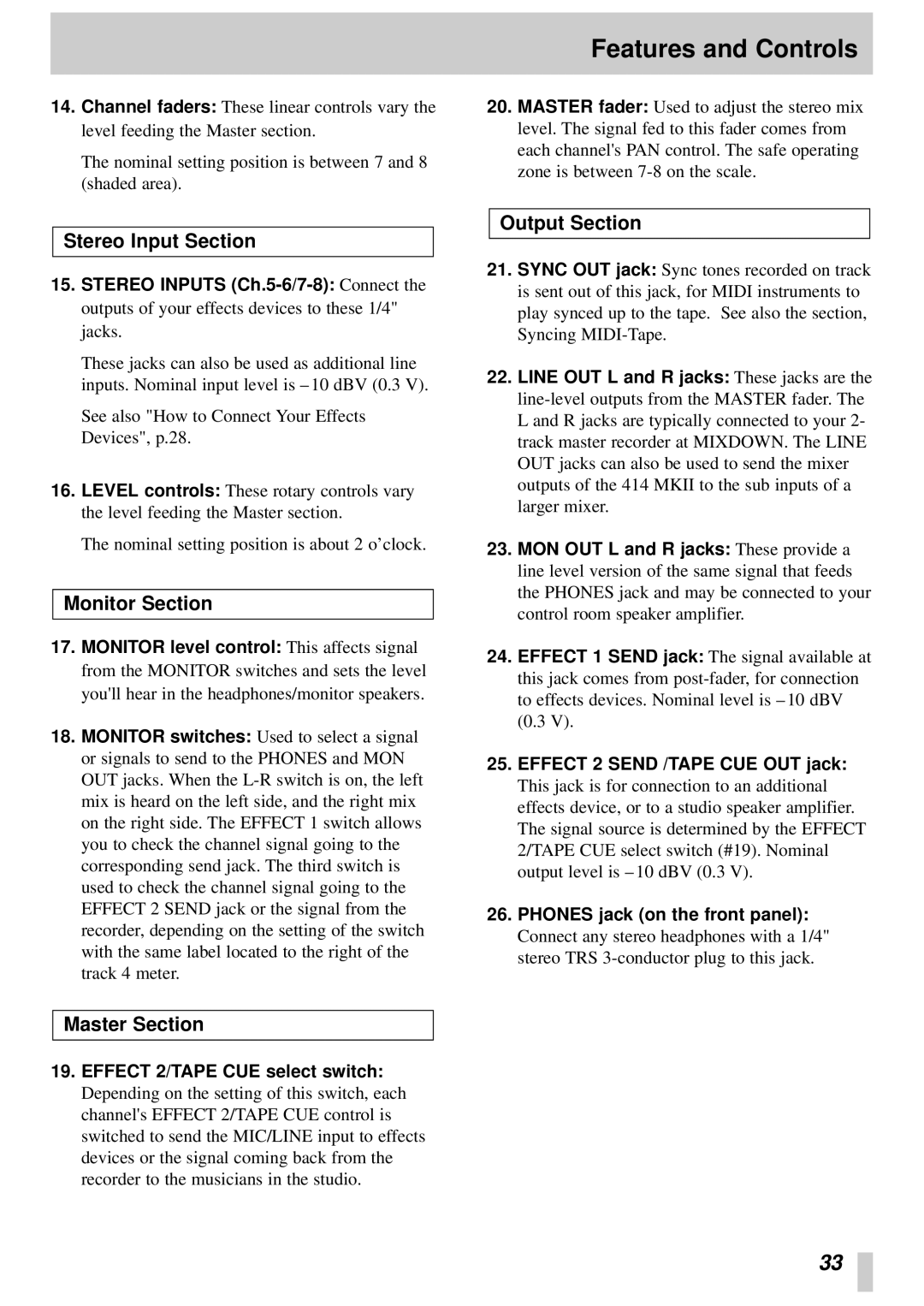 Tascam 414MKII owner manual Stereo Input Section, Monitor Section, Output Section, Master Section 