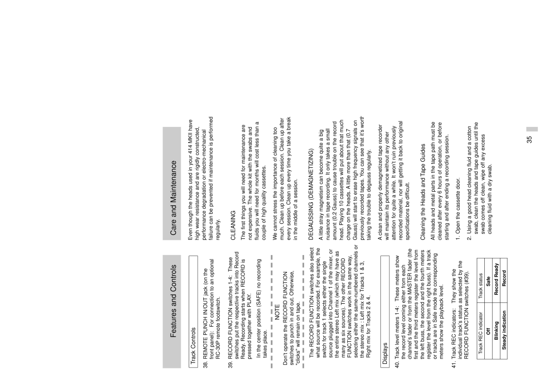 Tascam 414MKII owner manual Care and Maintenance, Track Controls, Displays, Cleaning the Heads and Tape Guides 