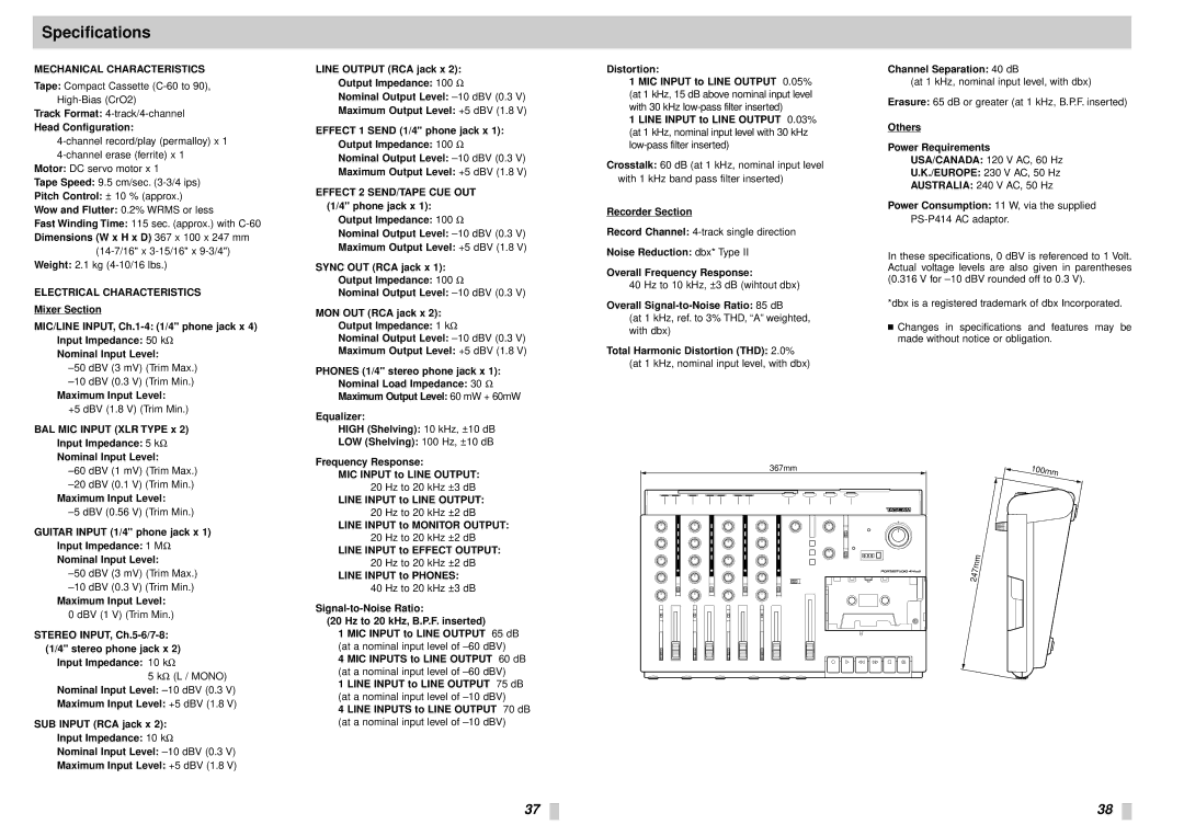 Tascam 414MKII owner manual Specifications, Mechanical Characteristics 