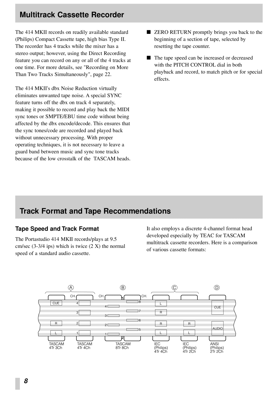 Tascam 414MKII Multitrack Cassette Recorder, Track Format and Tape Recommendations, Tape Speed and Track Format 