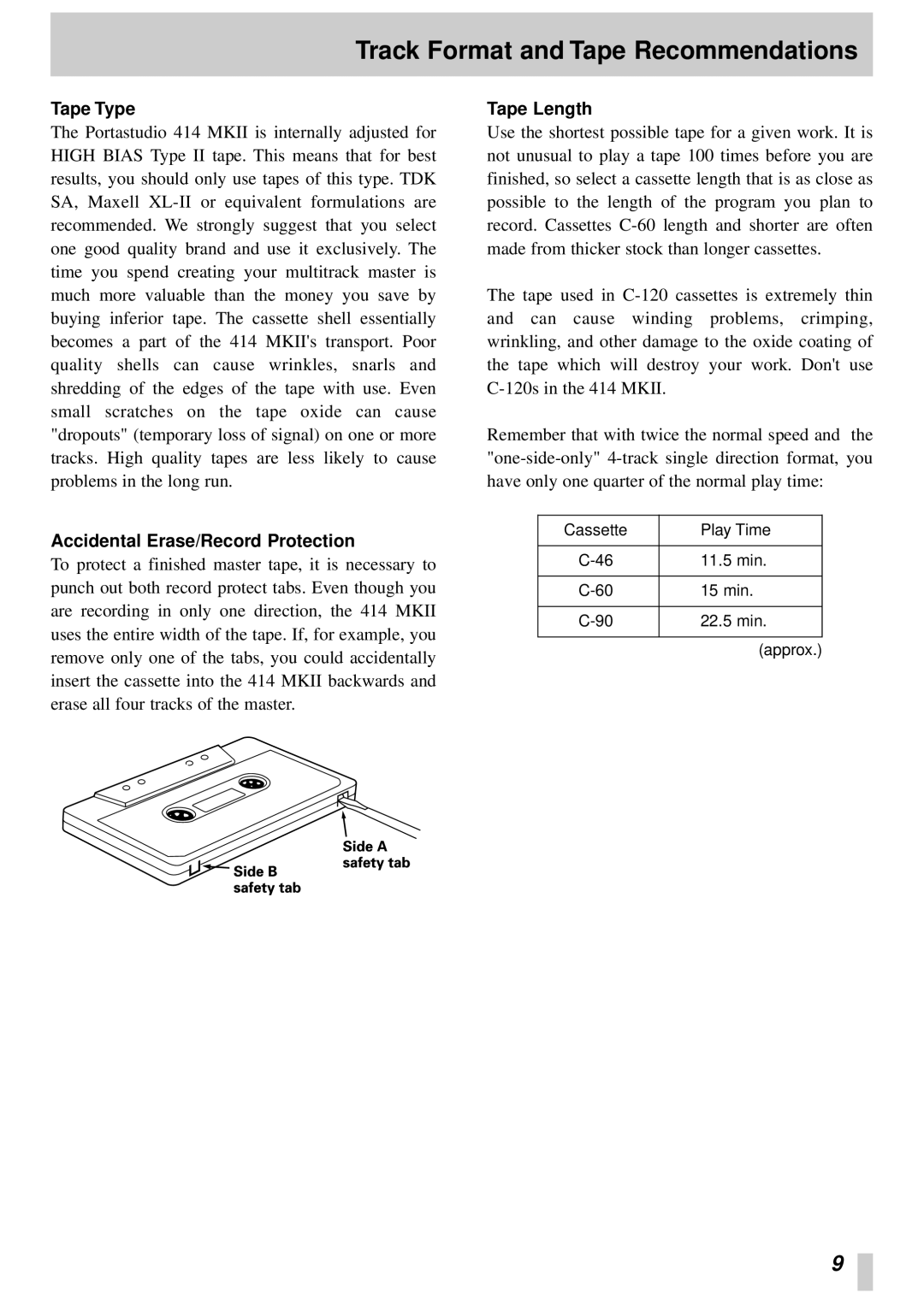 Tascam 414MKII owner manual Tape Type, Accidental Erase/Record Protection, Tape Length 