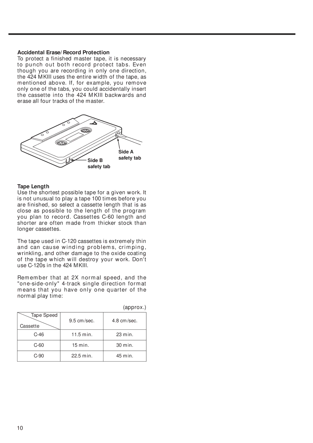 Tascam 424MKIII owner manual Accidental Erase/Record Protection, Tape Length 