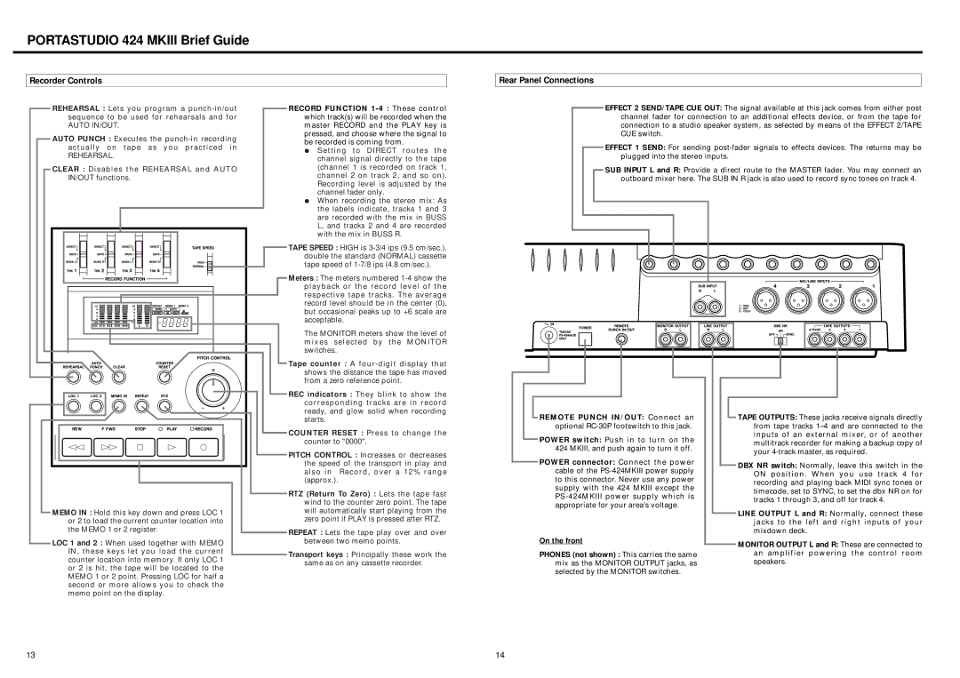 Tascam 424MKIII owner manual Portastudio 424 Mkiii Brief Guide, Recorder Controls Rear Panel Connections 