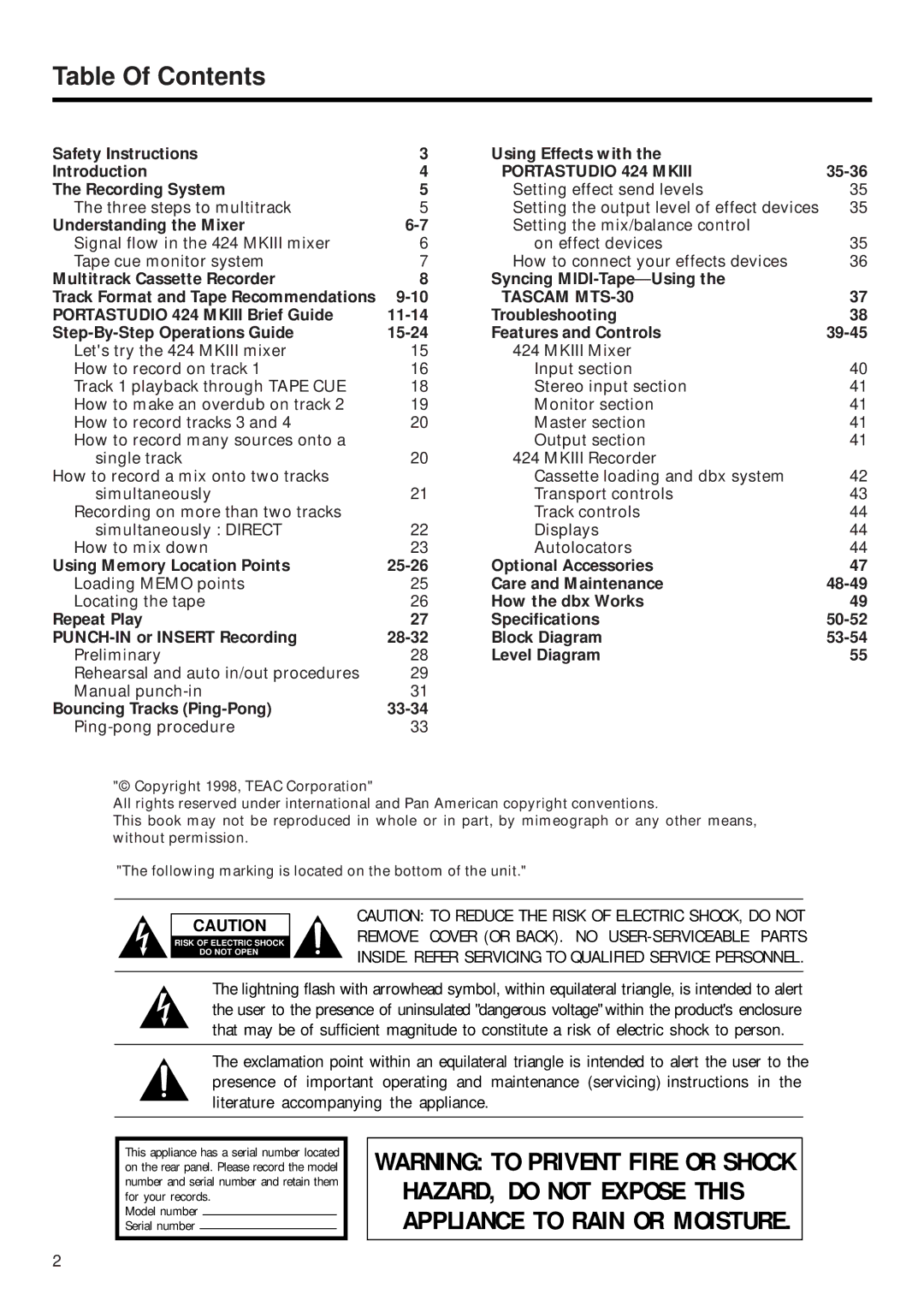 Tascam 424MKIII owner manual Table Of Contents 