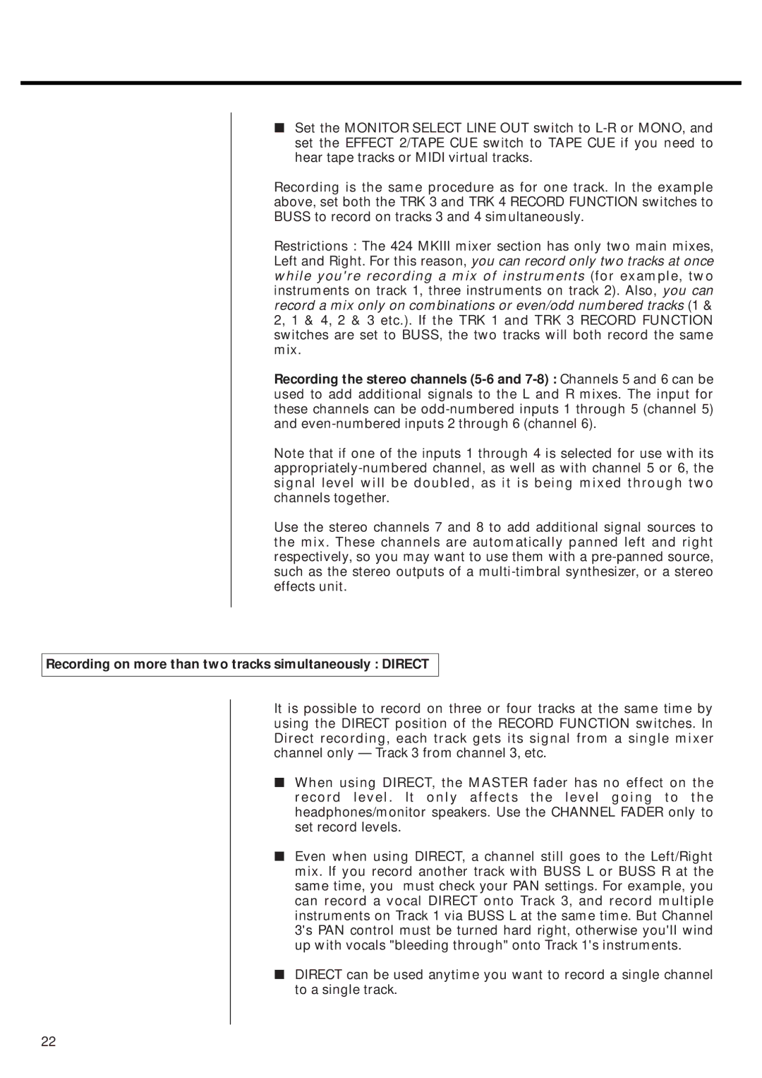 Tascam 424MKIII owner manual Recording on more than two tracks simultaneously Direct 