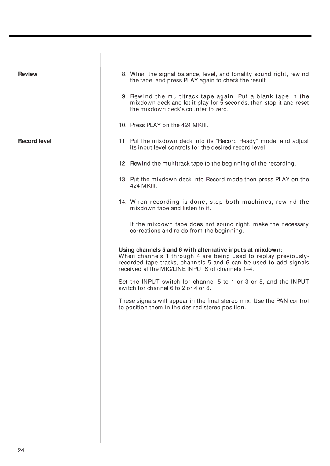 Tascam 424MKIII owner manual Review Record level, Using channels 5 and 6 with alternative inputs at mixdown 