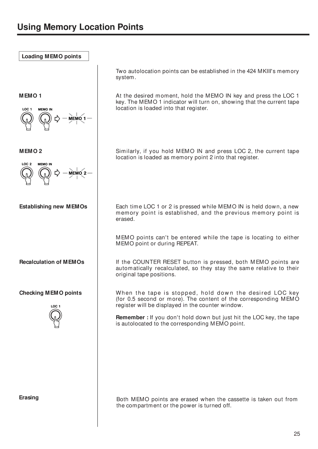 Tascam 424MKIII owner manual Using Memory Location Points, Loading Memo points 