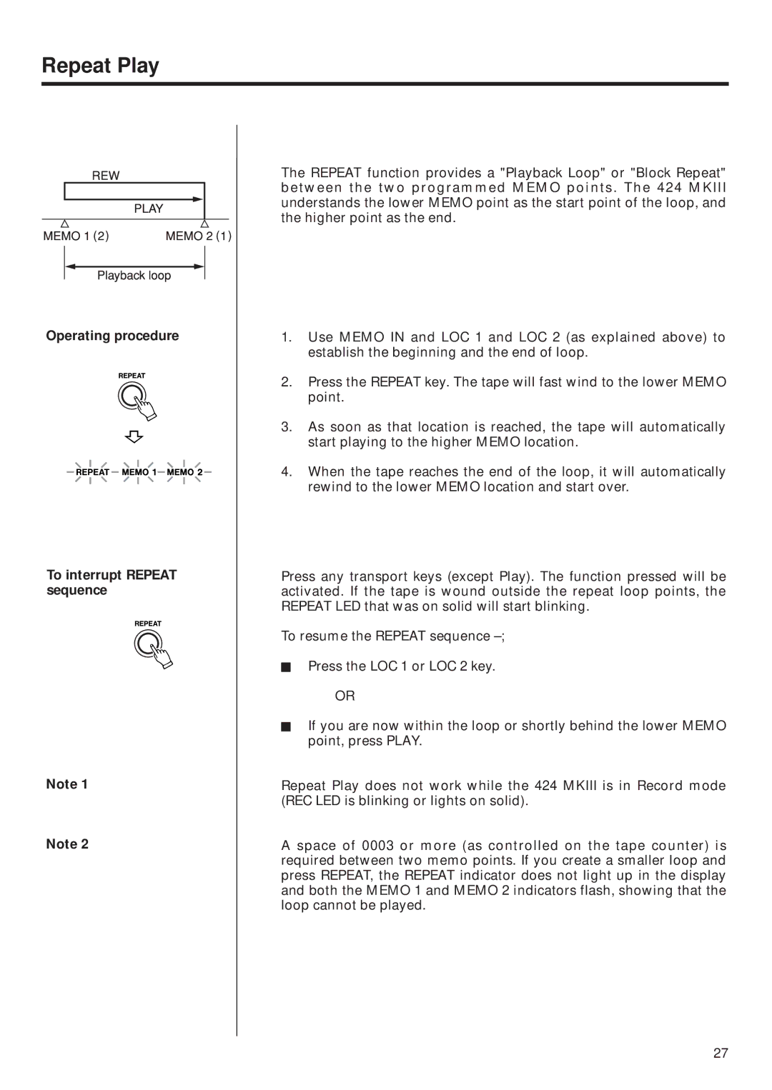 Tascam 424MKIII owner manual Repeat Play, Operating procedure To interrupt Repeat sequence 