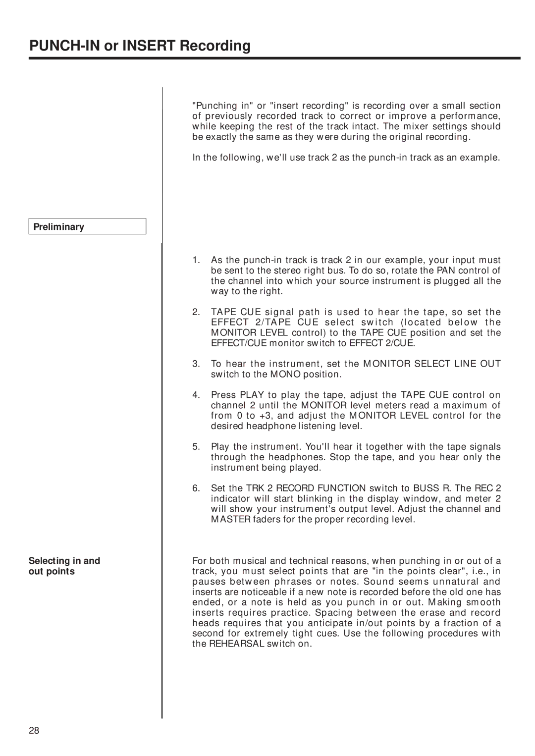 Tascam 424MKIII owner manual PUNCH-IN or Insert Recording, Preliminary Selecting in and out points 