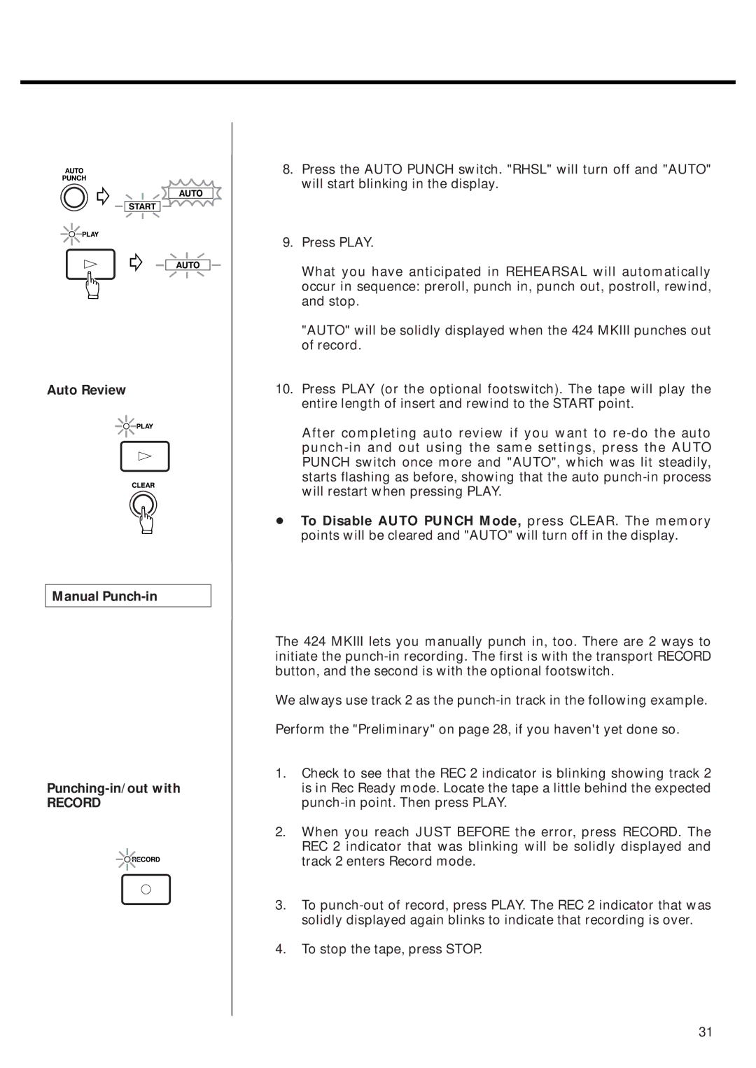 Tascam 424MKIII owner manual Auto Review Manual Punch-in Punching-in/out with, Record 