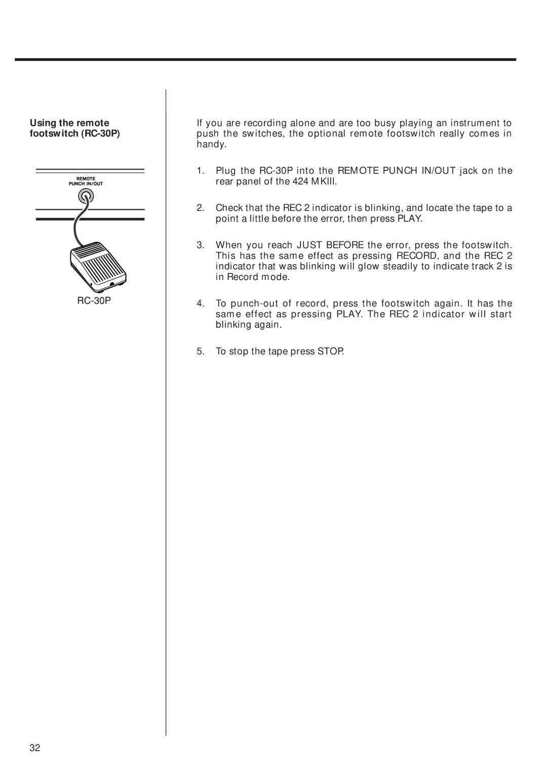 Tascam 424MKIII owner manual Using the remote footswitch RC-30P 