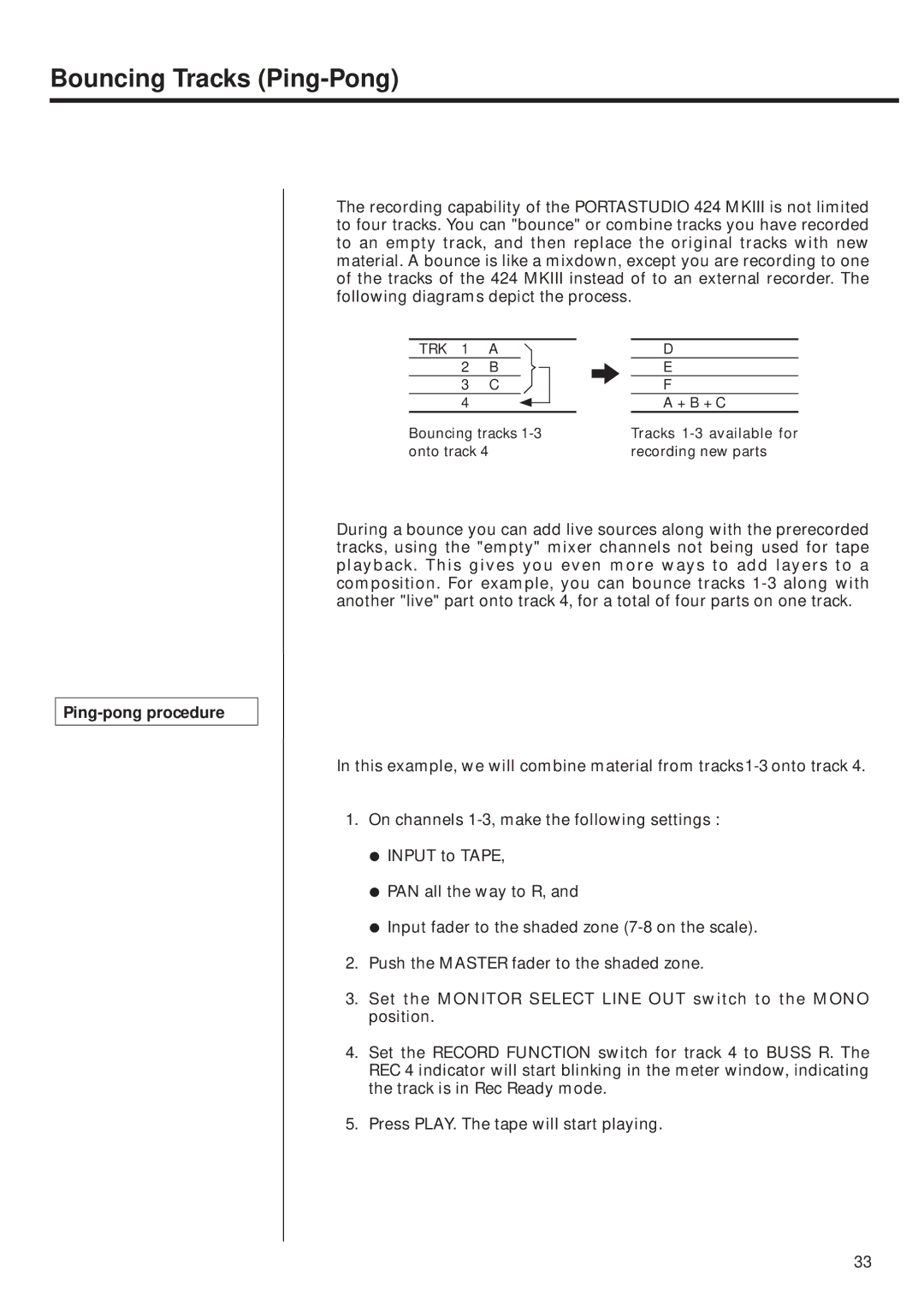 Tascam 424MKIII owner manual Bouncing Tracks Ping-Pong, Ping-pong procedure 