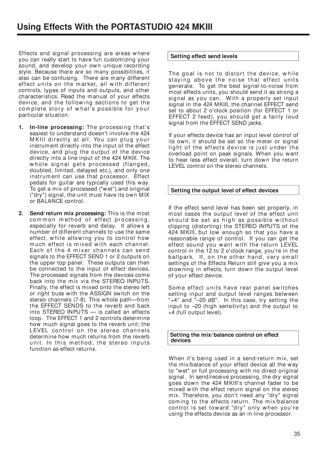 Tascam 424MKIII owner manual Using Effects With the Portastudio 424 Mkiii, Setting the output level of effect devices 