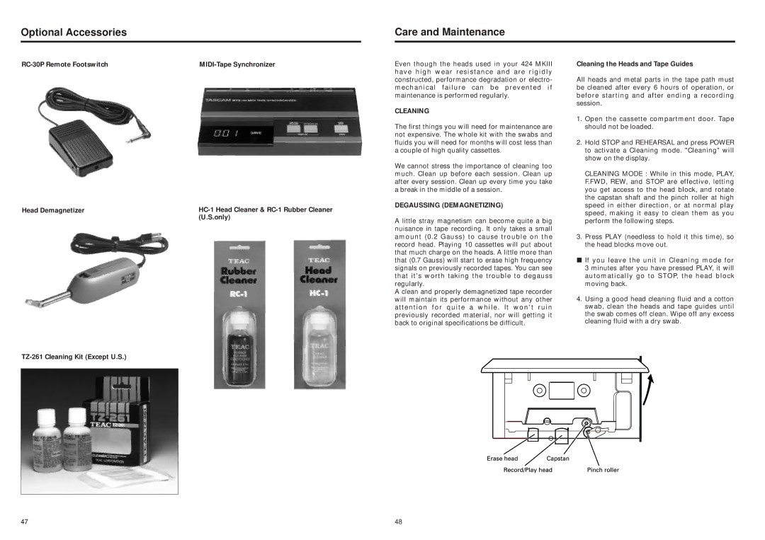 Tascam 424MKIII owner manual Optional Accessories Care and Maintenance, Cleaning, Degaussing Demagnetizing 