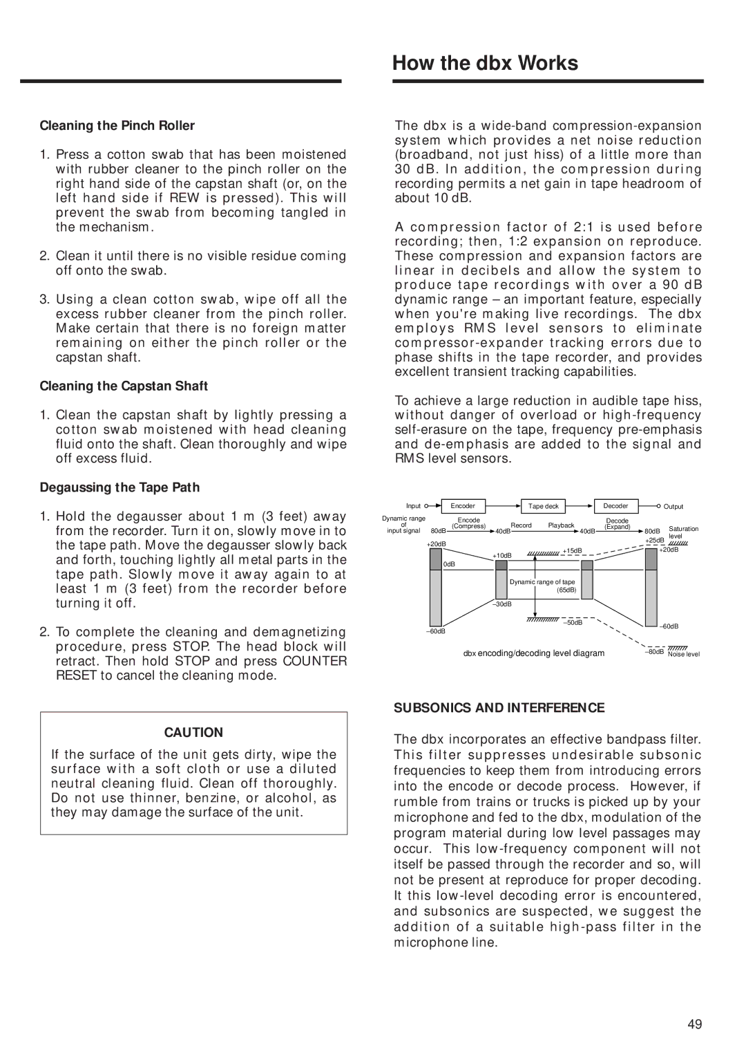 Tascam 424MKIII How the dbx Works, Cleaning the Pinch Roller, Cleaning the Capstan Shaft, Degaussing the Tape Path 