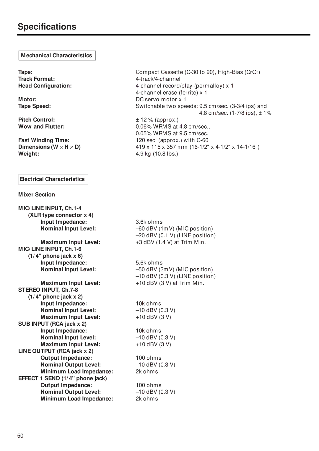 Tascam 424MKIII owner manual Specifications 