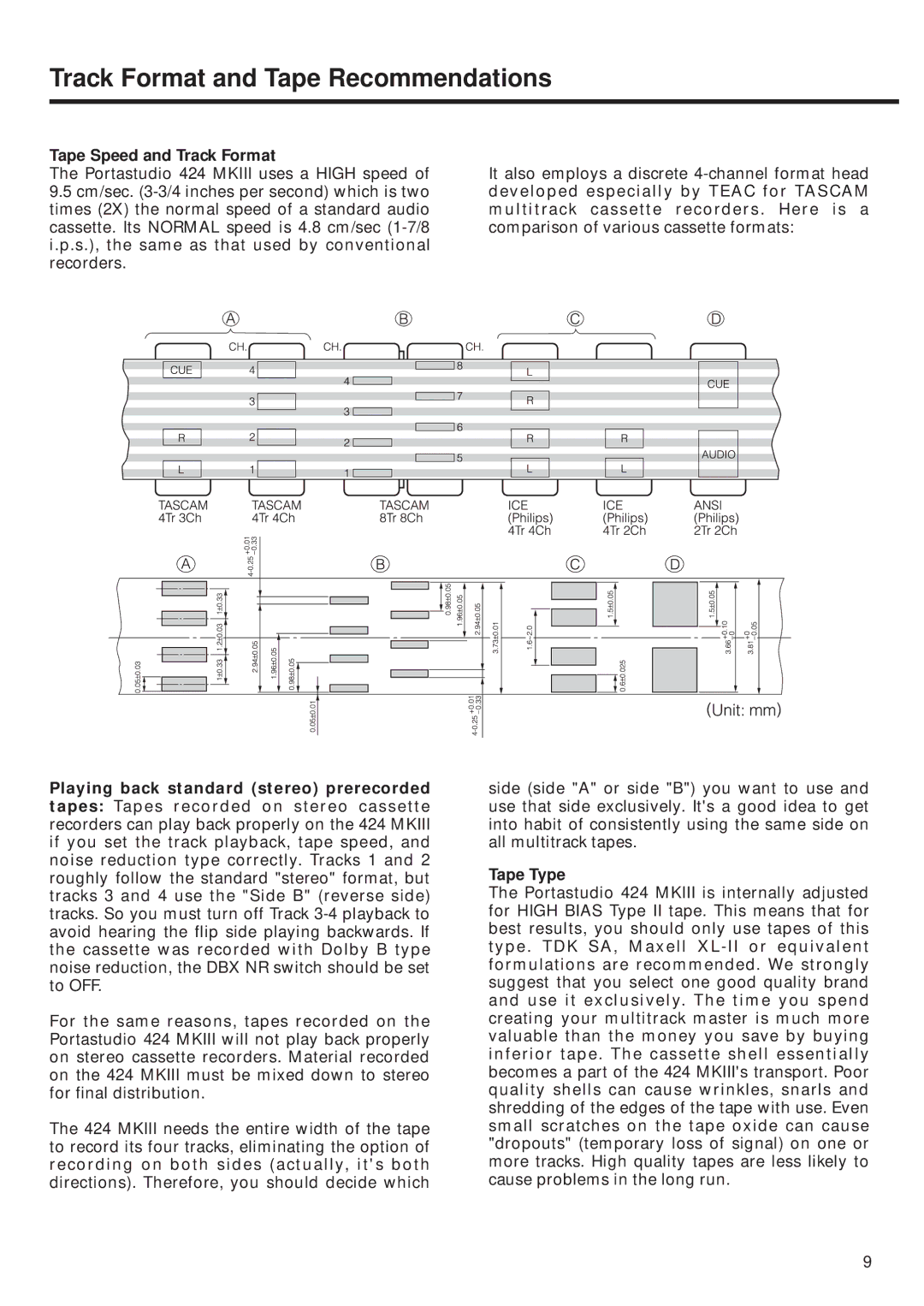 Tascam 424MKIII owner manual Track Format and Tape Recommendations, Tape Speed and Track Format, Tape Type 