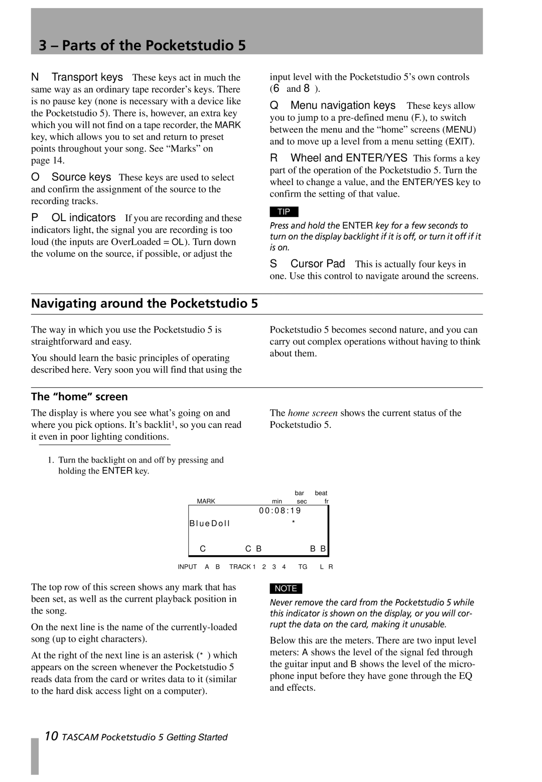 Tascam 5 user service Navigating around the Pocketstudio, Home screen 