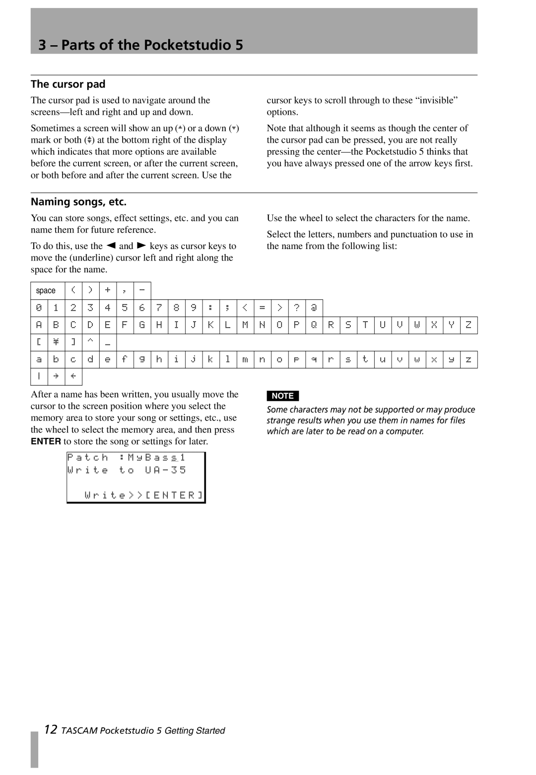 Tascam 5 user service Cursor pad, Naming songs, etc 