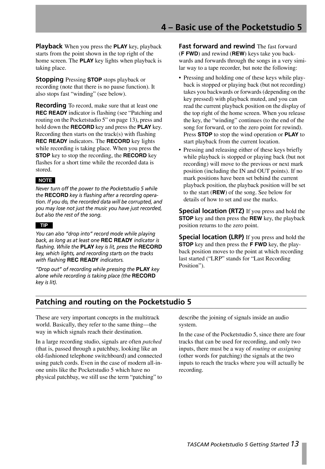 Tascam 5 user service Basic use of the Pocketstudio, Patching and routing on the Pocketstudio 