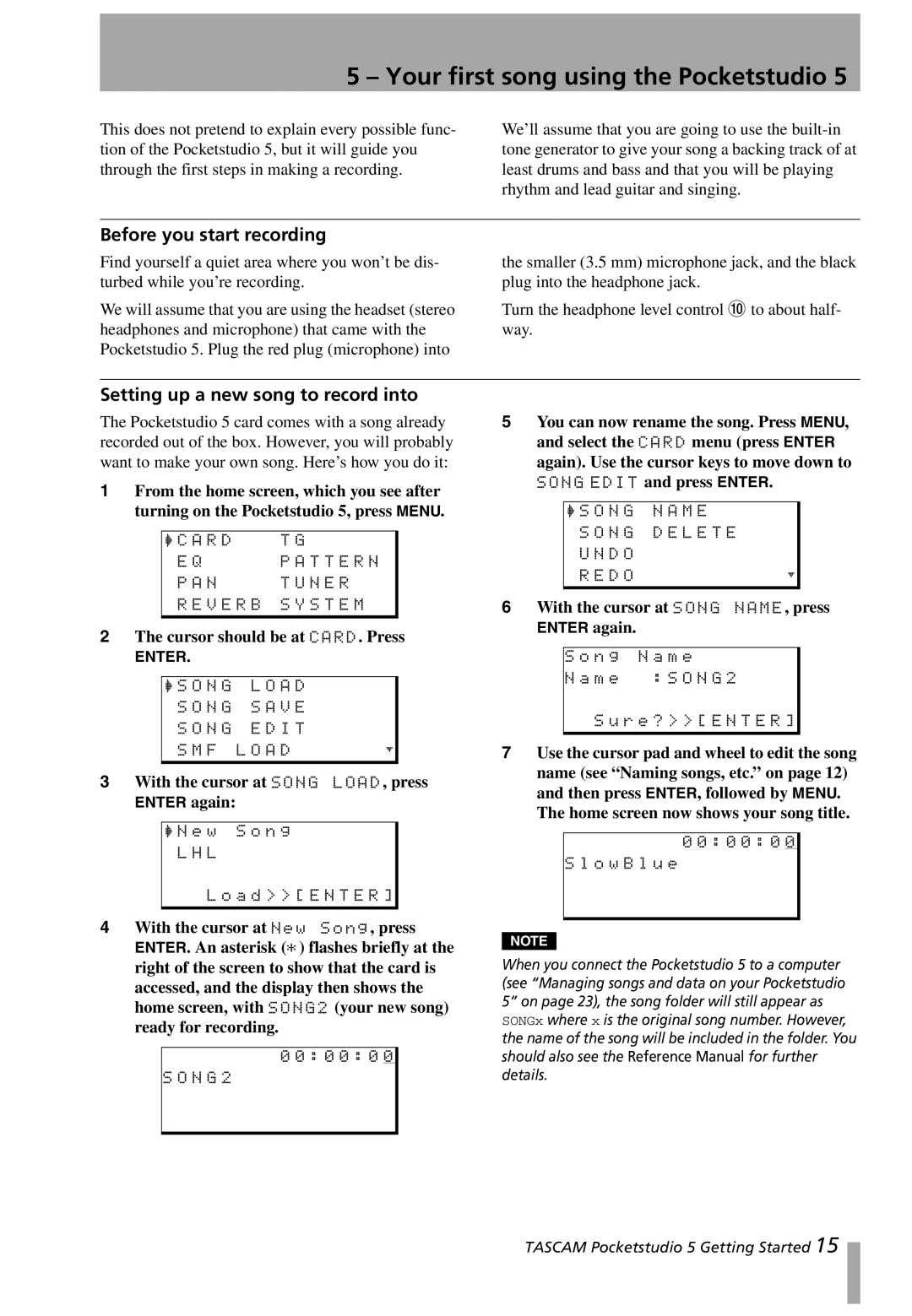 Tascam 5 Your first song using the Pocketstudio, Before you start recording, Setting up a new song to record into 