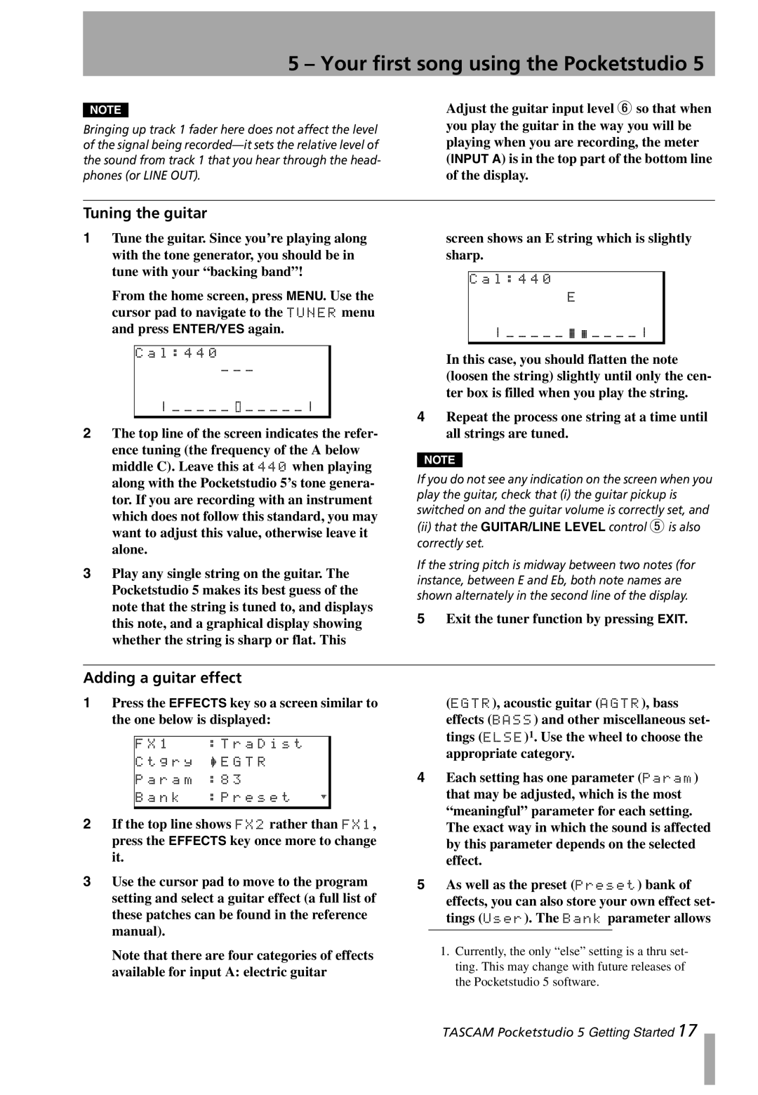Tascam 5 user service Tuning the guitar, Adding a guitar effect 