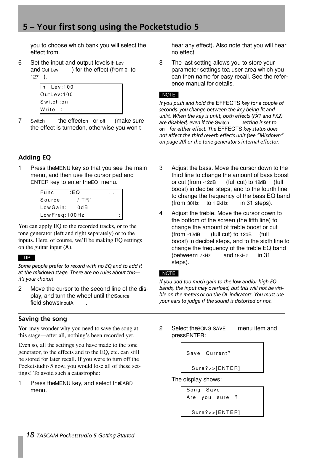 Tascam 5 user service Adding EQ, Saving the song 