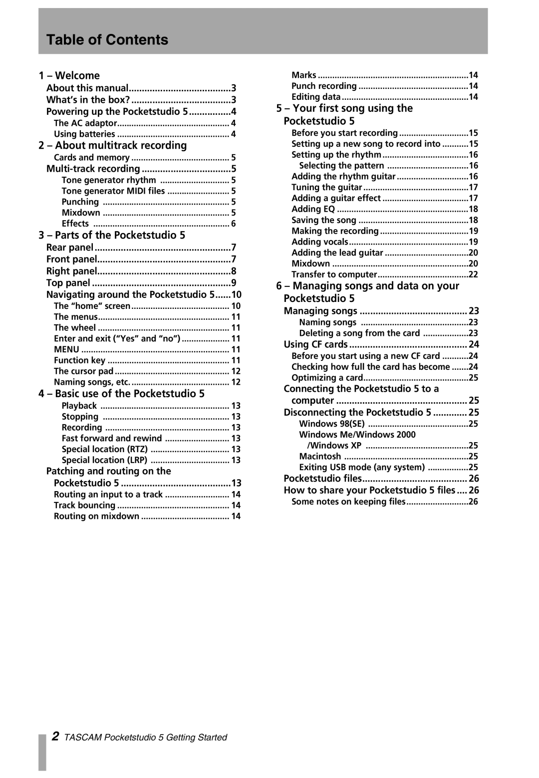 Tascam 5 user service Table of Contents 