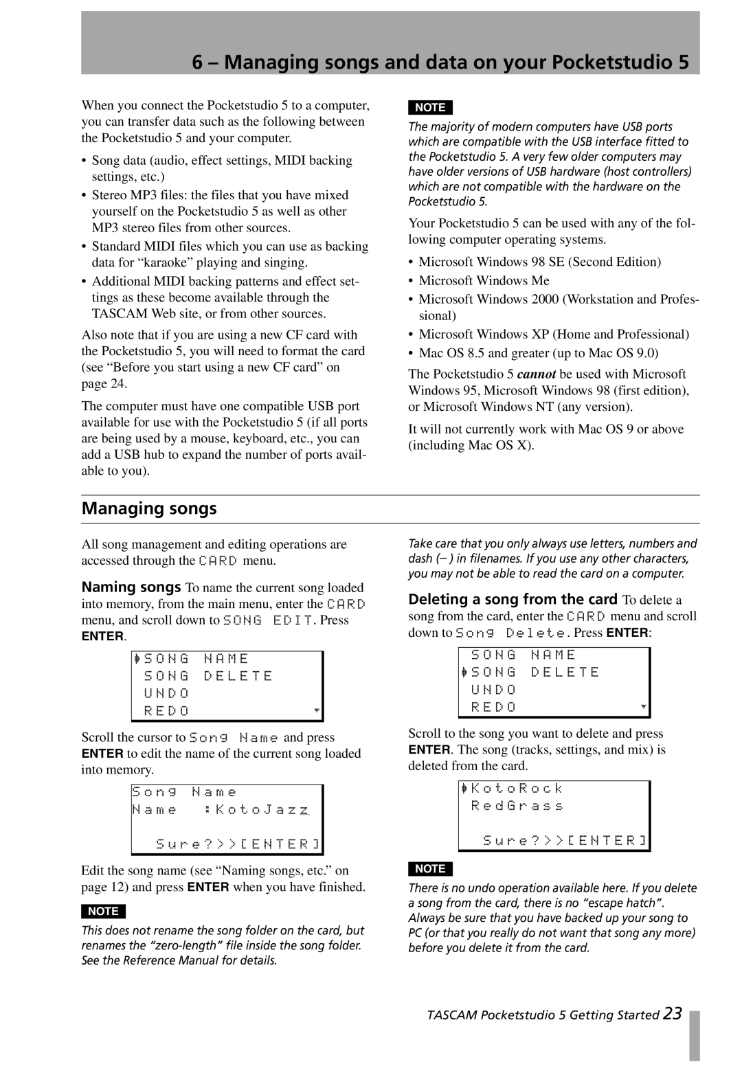 Tascam 5 user service Managing songs and data on your Pocketstudio 