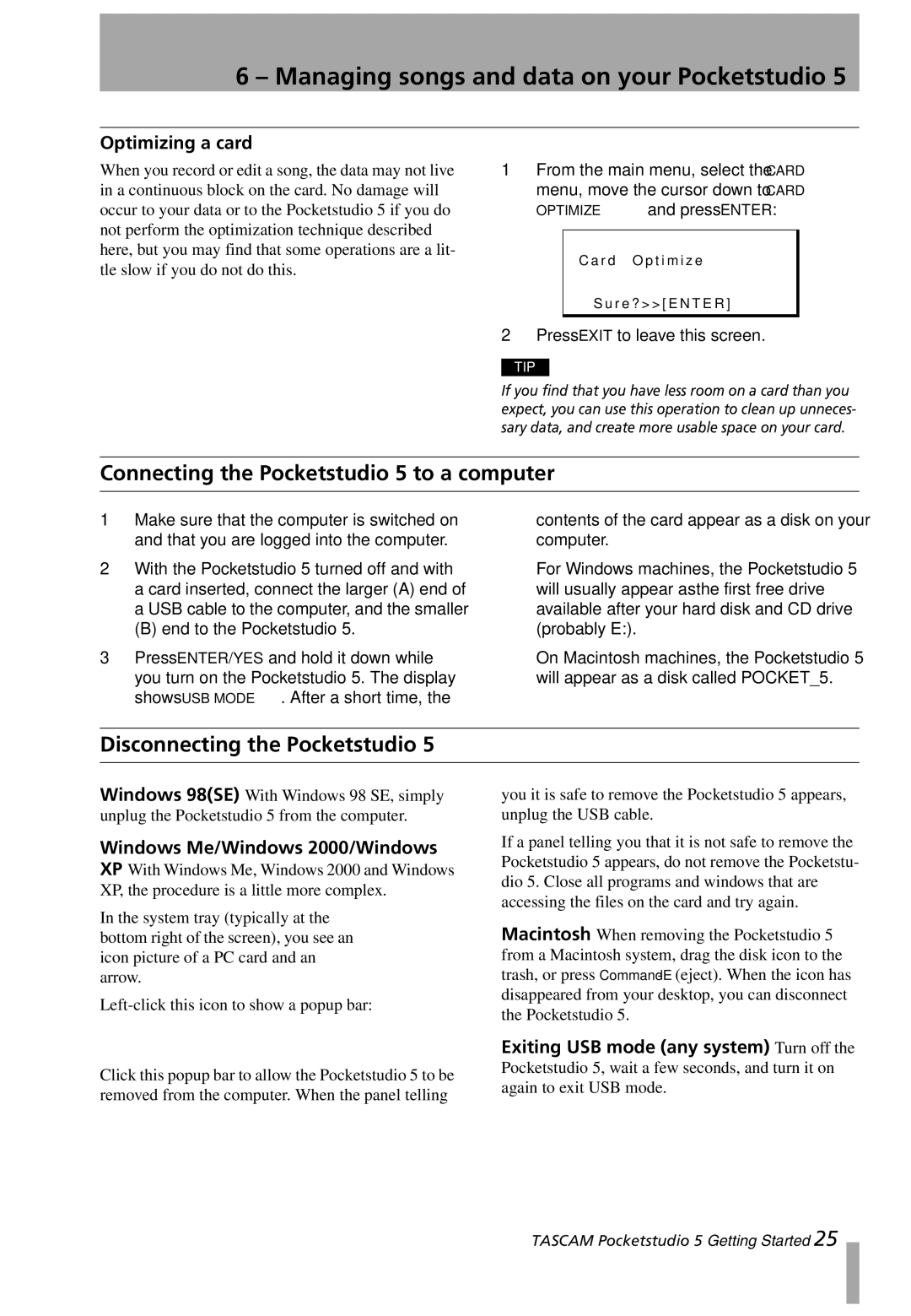 Tascam user service Connecting the Pocketstudio 5 to a computer, Disconnecting the Pocketstudio, Optimizing a card 