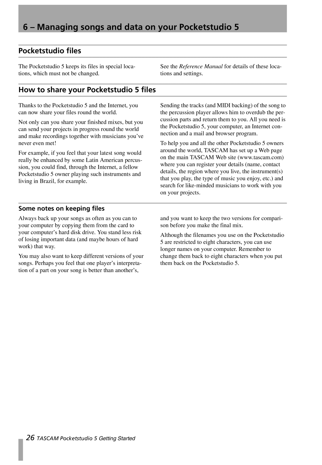 Tascam user service Pocketstudio files, How to share your Pocketstudio 5 files, Some notes on keeping files 