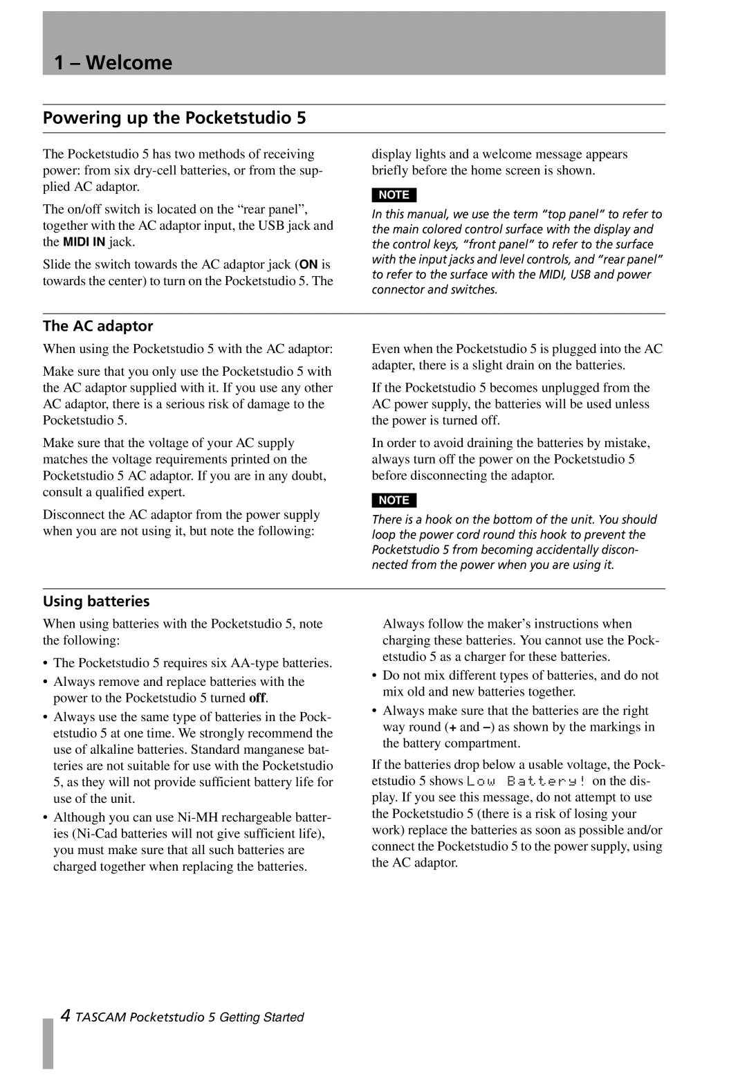 Tascam 5 user service Powering up the Pocketstudio, AC adaptor, Using batteries 