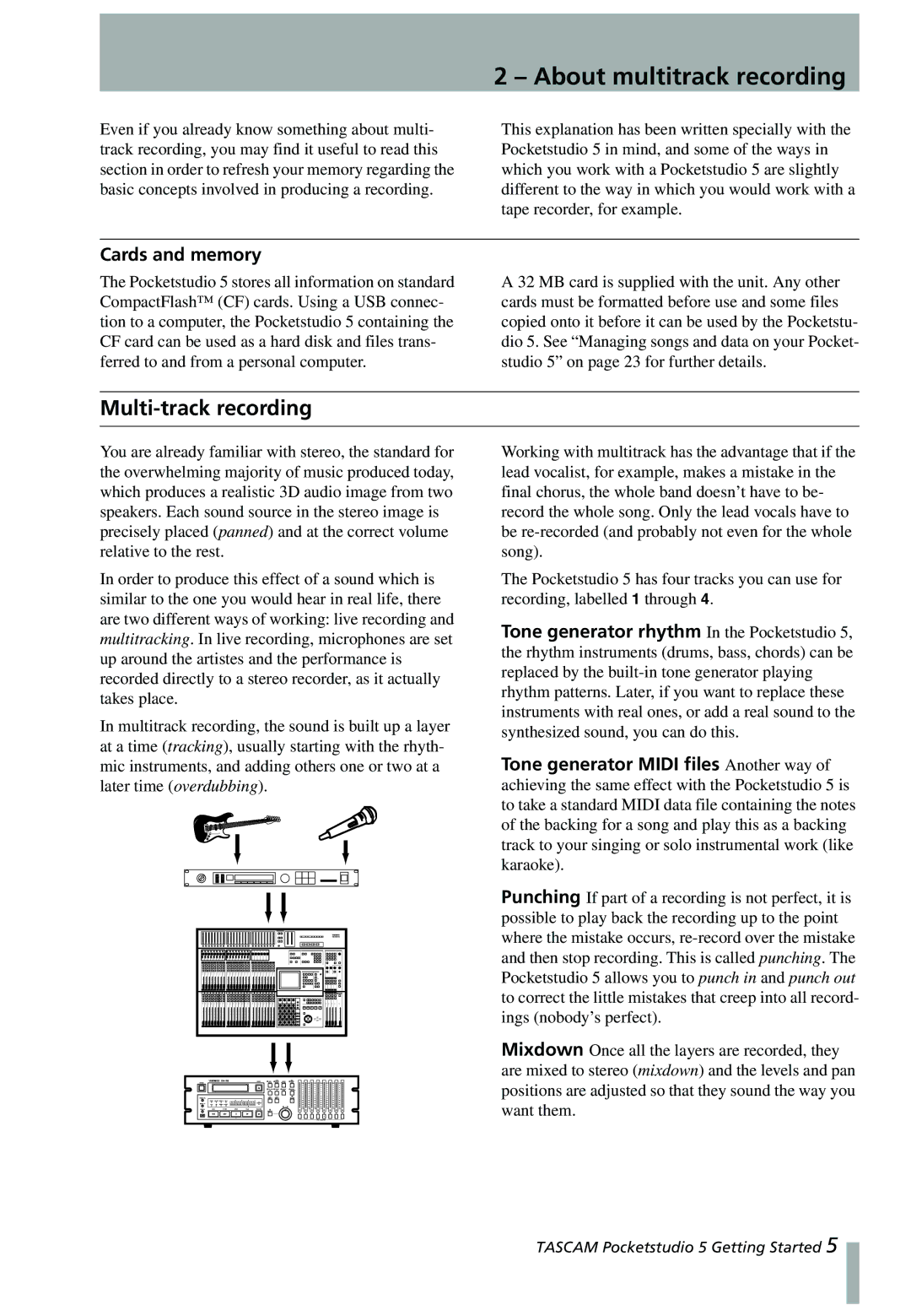 Tascam 5 user service About multitrack recording, Multi-track recording, Cards and memory 