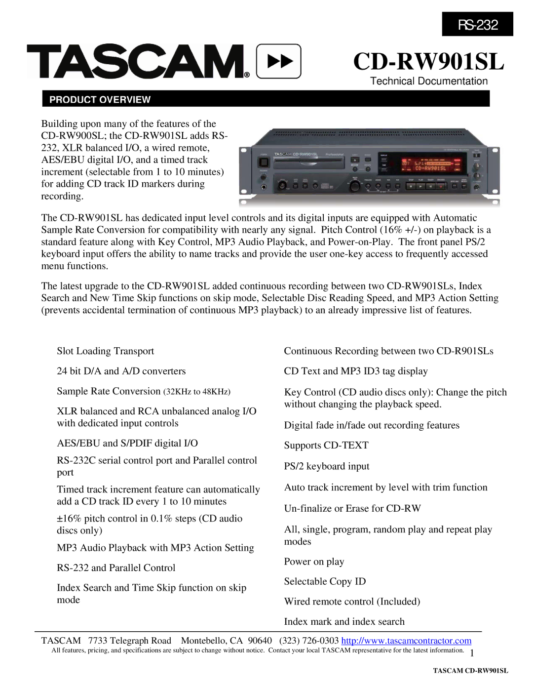 Tascam 6210, 6211 specifications CD-RW901SL, Technical Documentation, Product Overview 