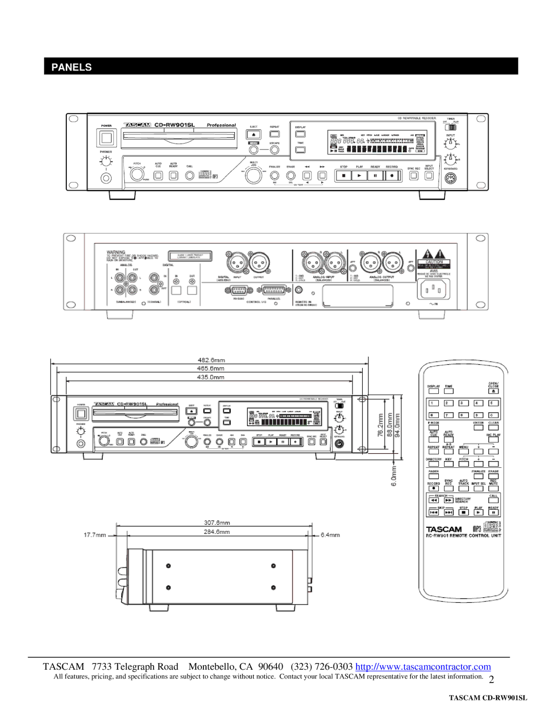 Tascam 6211, 6210 specifications Panels 