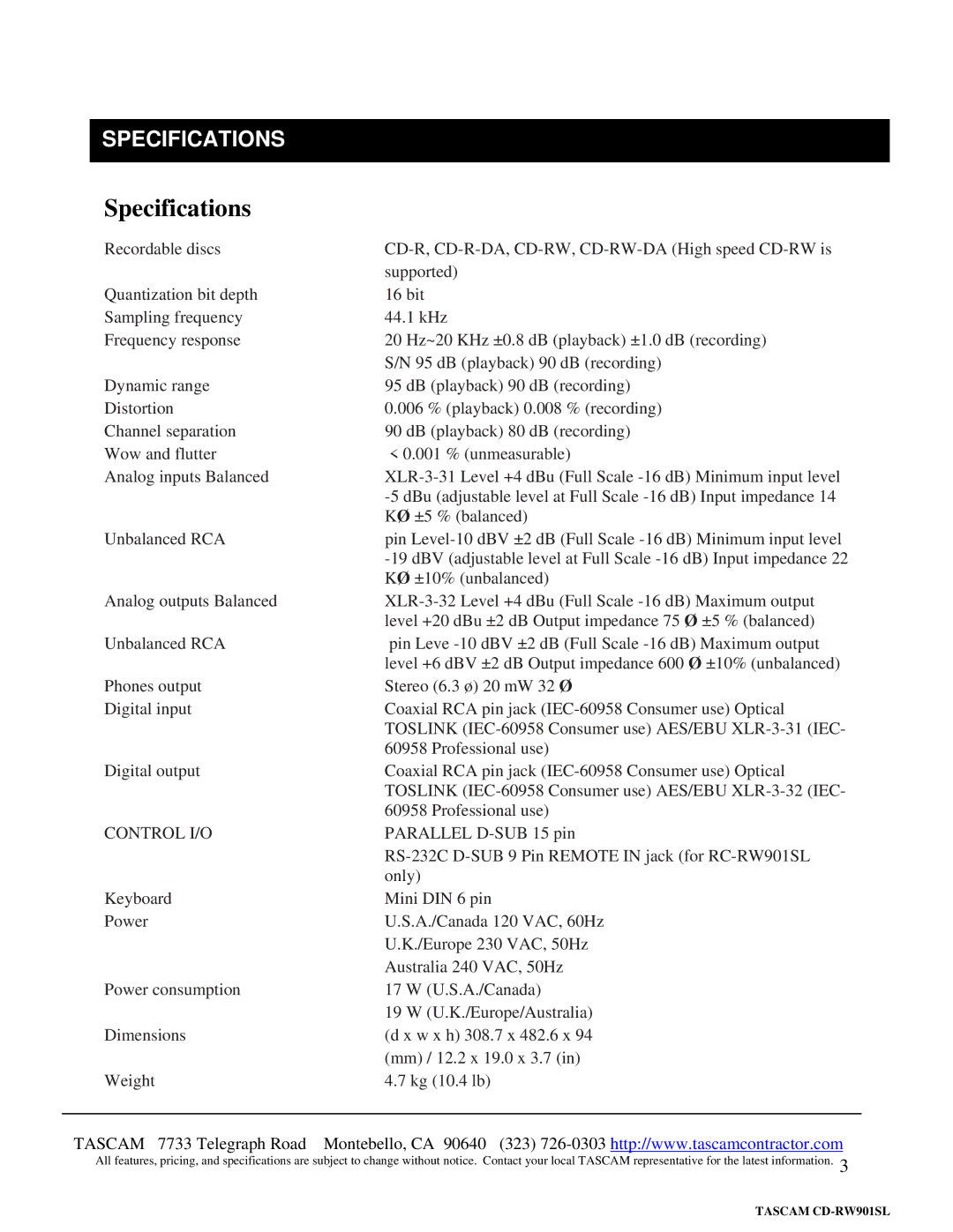 Tascam 6210, 6211 specifications Specifications, Control I/O 