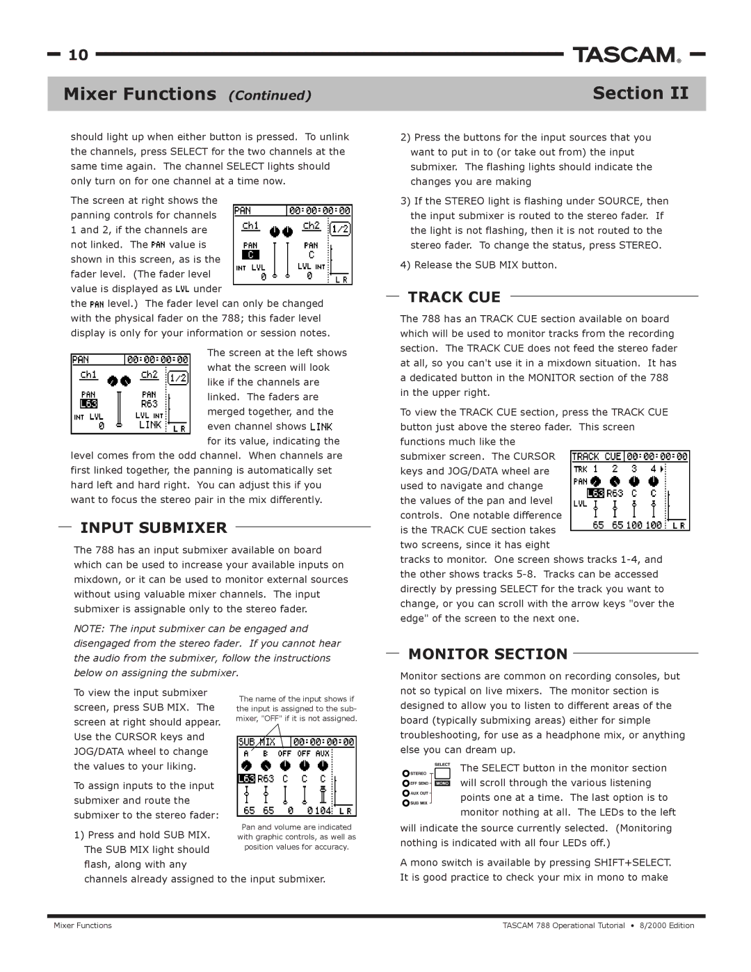 Tascam 788 manual Input Submixer, Track CUE, Monitor Section, Channels already assigned to the input submixer 