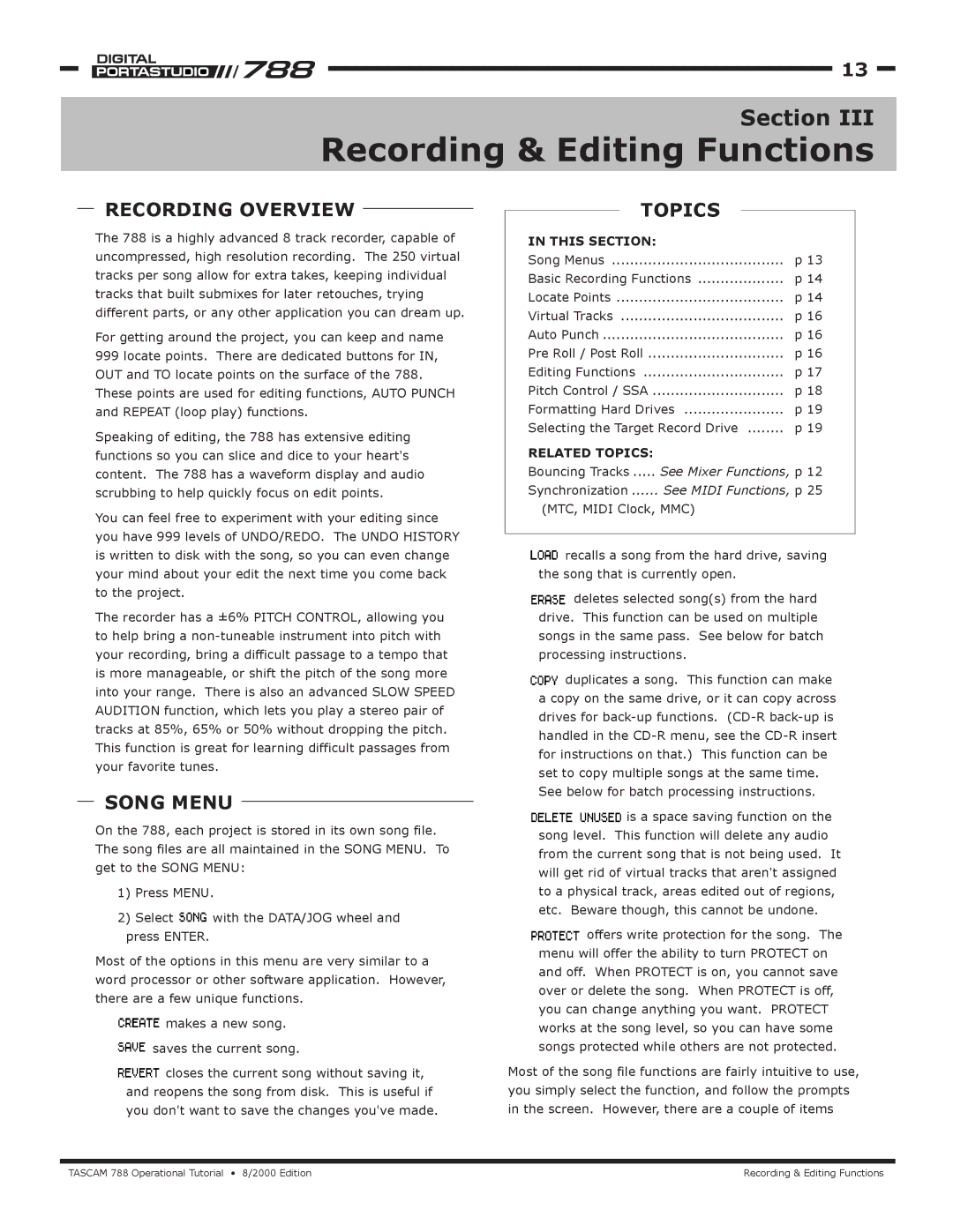 Tascam 788 manual Recording & Editing Functions, Recording Overview, Song Menu, Formatting Hard Drives 