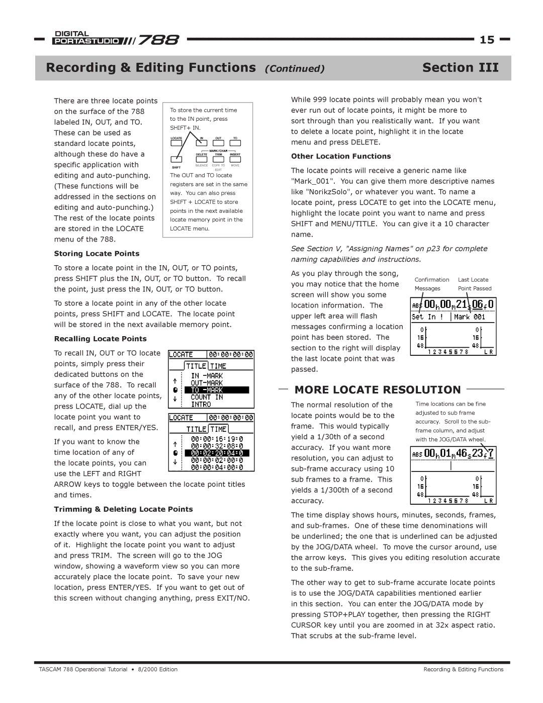 Tascam 788 manual Recording & Editing Functions, More Locate Resolution 