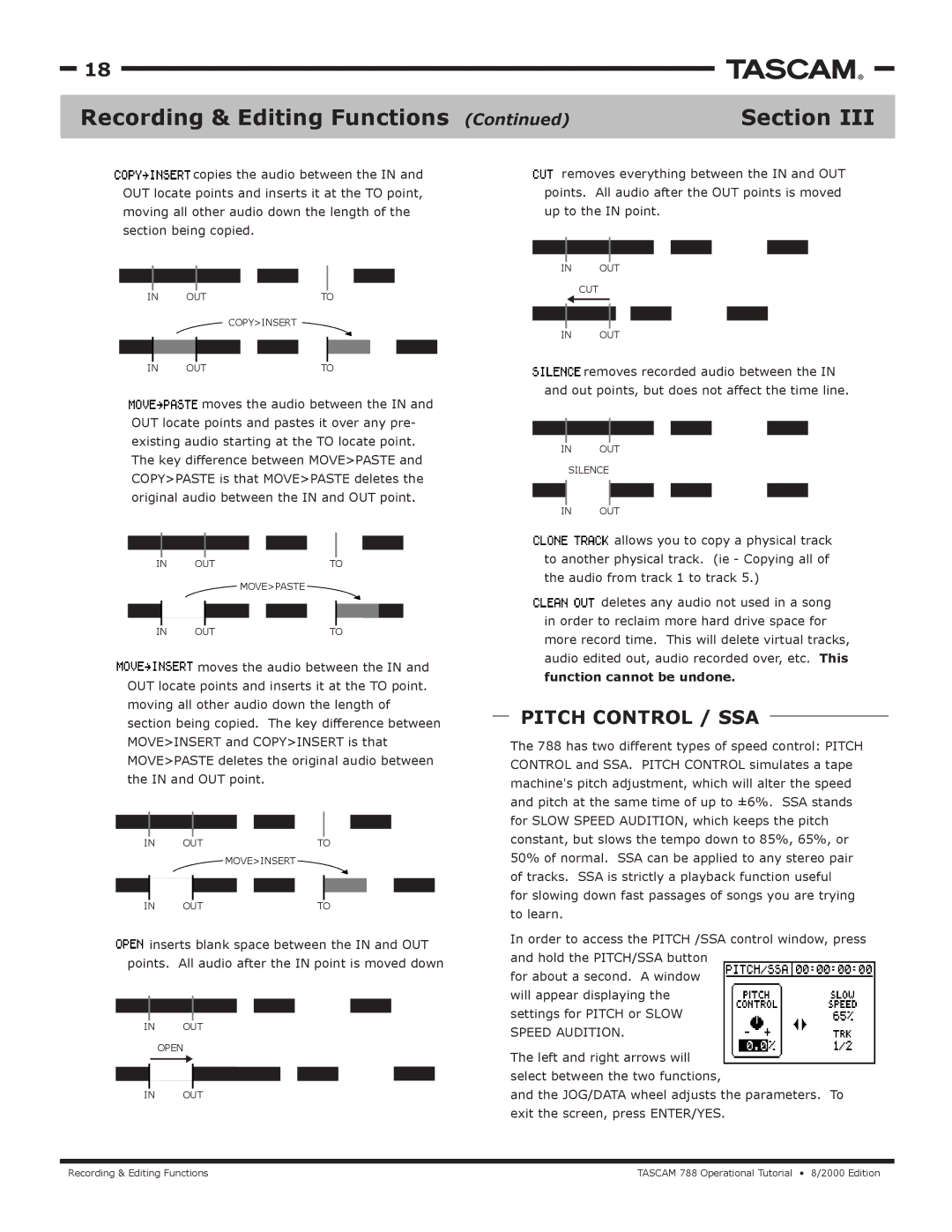 Tascam 788 manual Recording & Editing Functions, Pitch Control / SSA, Function cannot be undone 