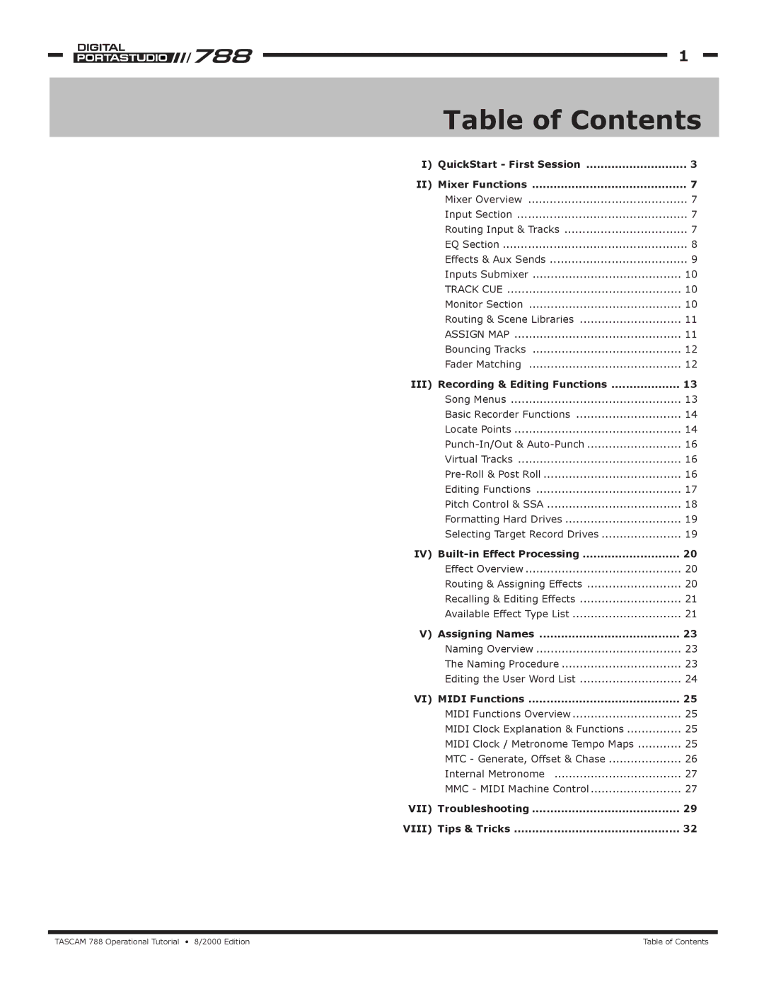 Tascam 788 manual Table of Contents 