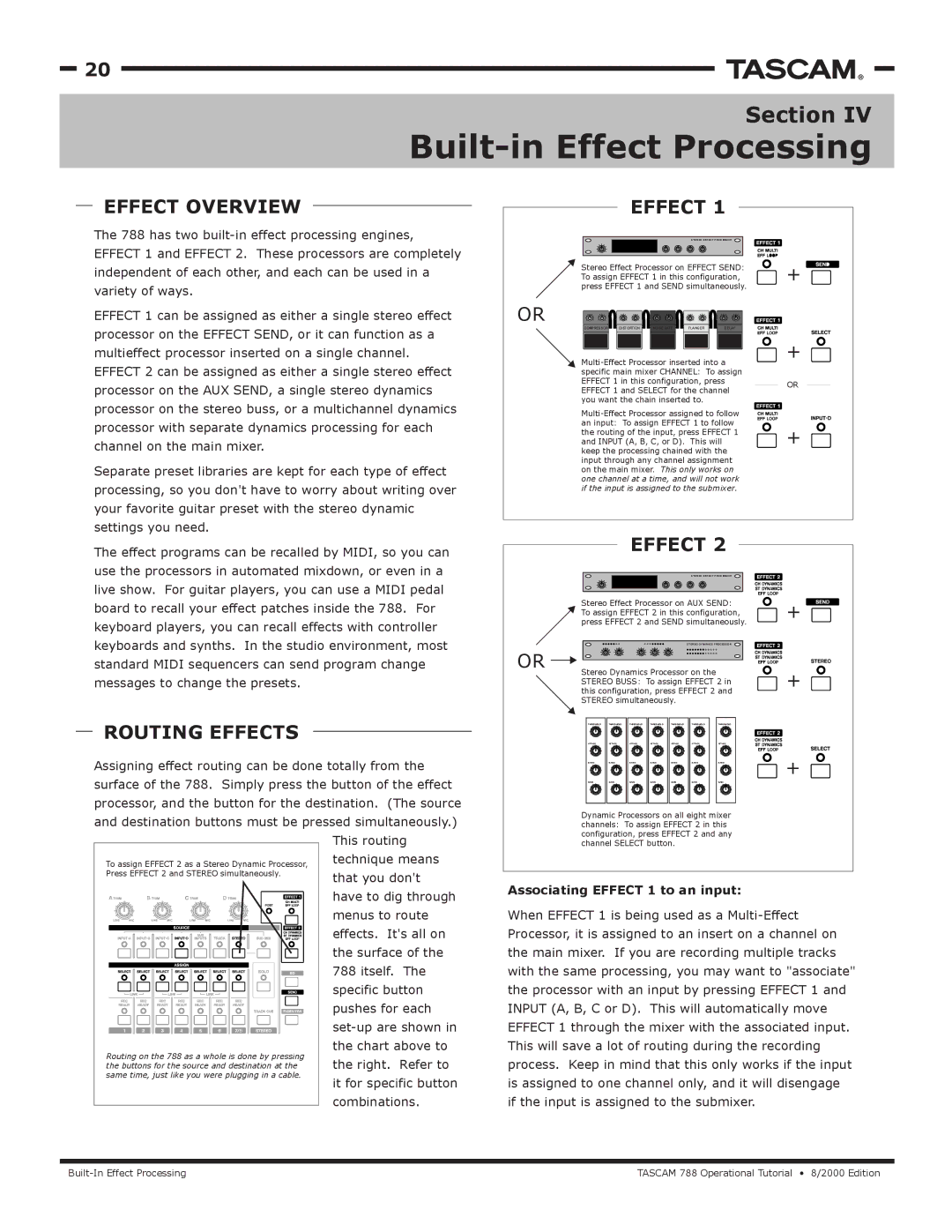 Tascam 788 manual Built-in Effect Processing, Effect Overview, Routing Effects, Associating Effect 1 to an input 