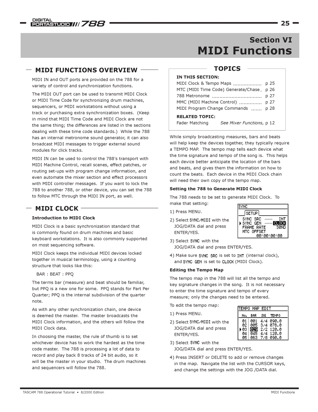 Tascam 788 manual Midi Functions Overview, Midi Clock 