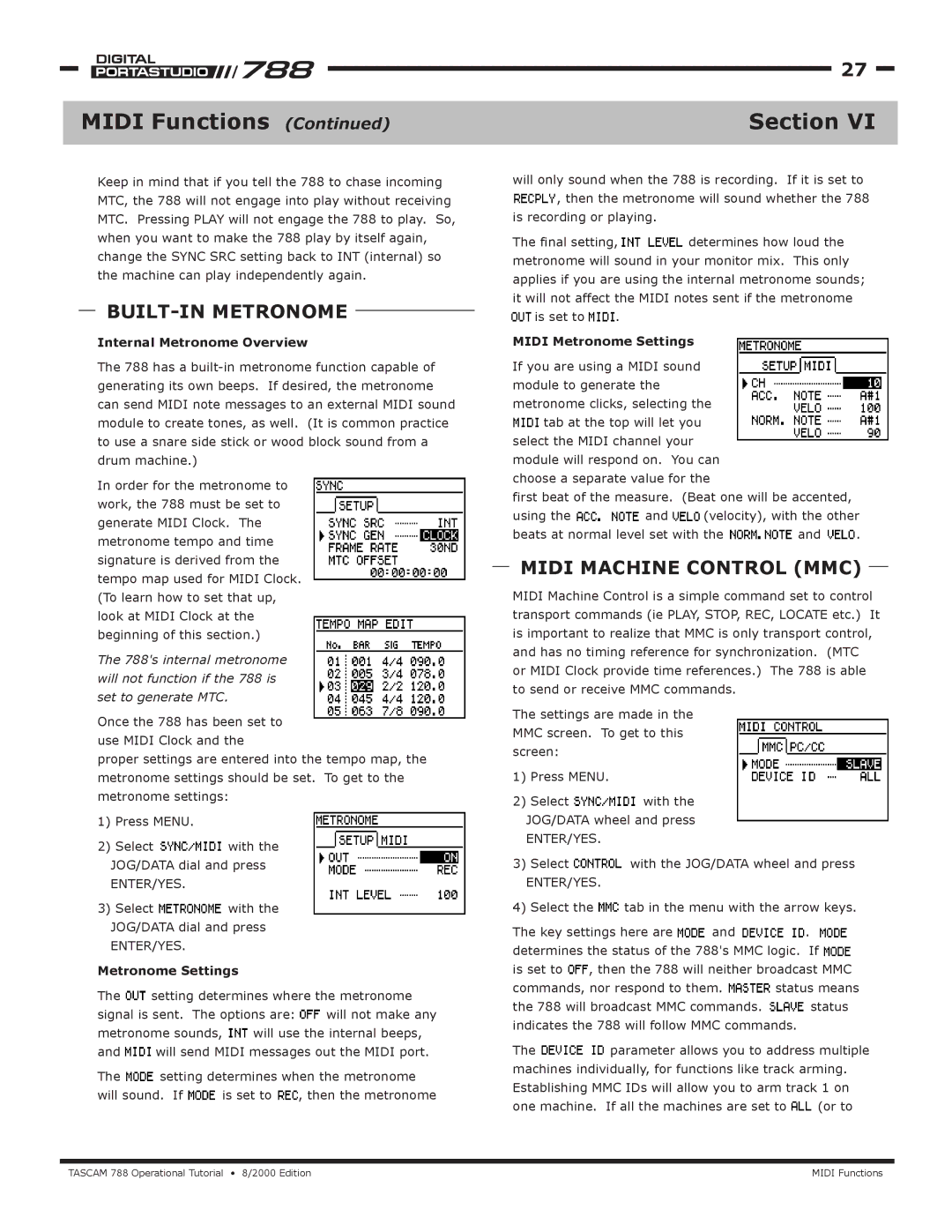 Tascam 788 manual BUILT-IN Metronome, Midi Machine Control MMC, Internal Metronome Overview, Metronome Settings 